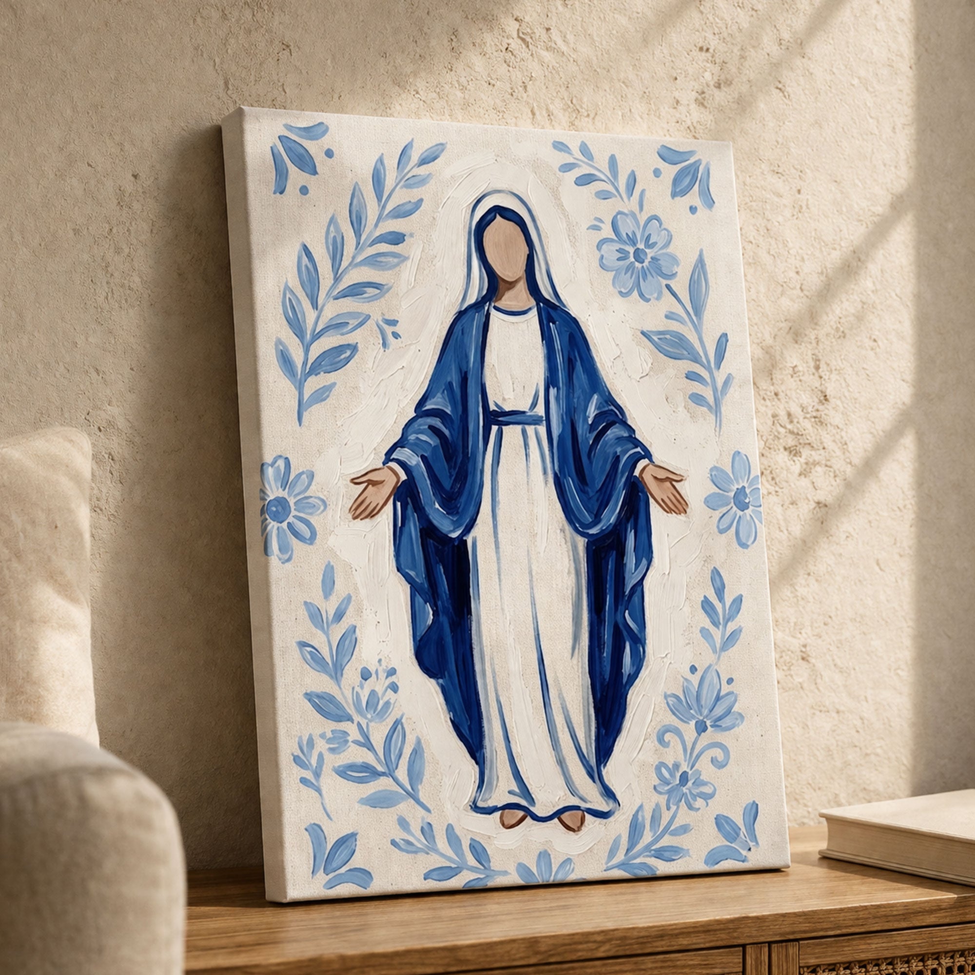 Minimalist Virgin Mary Canvas Print, Blue Madonna Catholic Wall Art, Christian Religious Decor, Sacred Home Painting