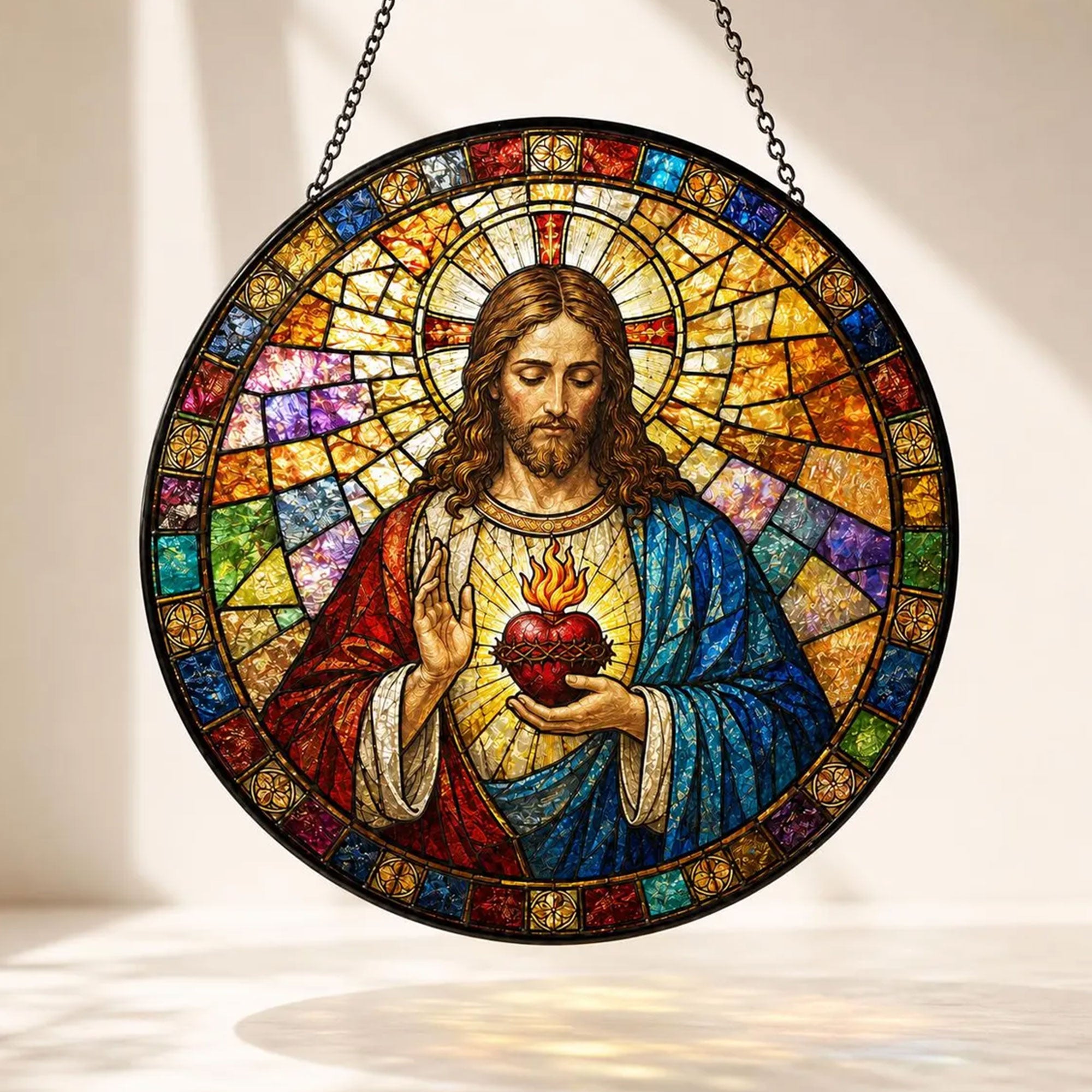 Sacred Heart Jesus Suncatcher, Catholic Window Hanging, Christian Faith Decor Gift
