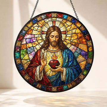 Sacred Heart Jesus Suncatcher, Catholic Window Hanging, Christian Faith Decor Gift