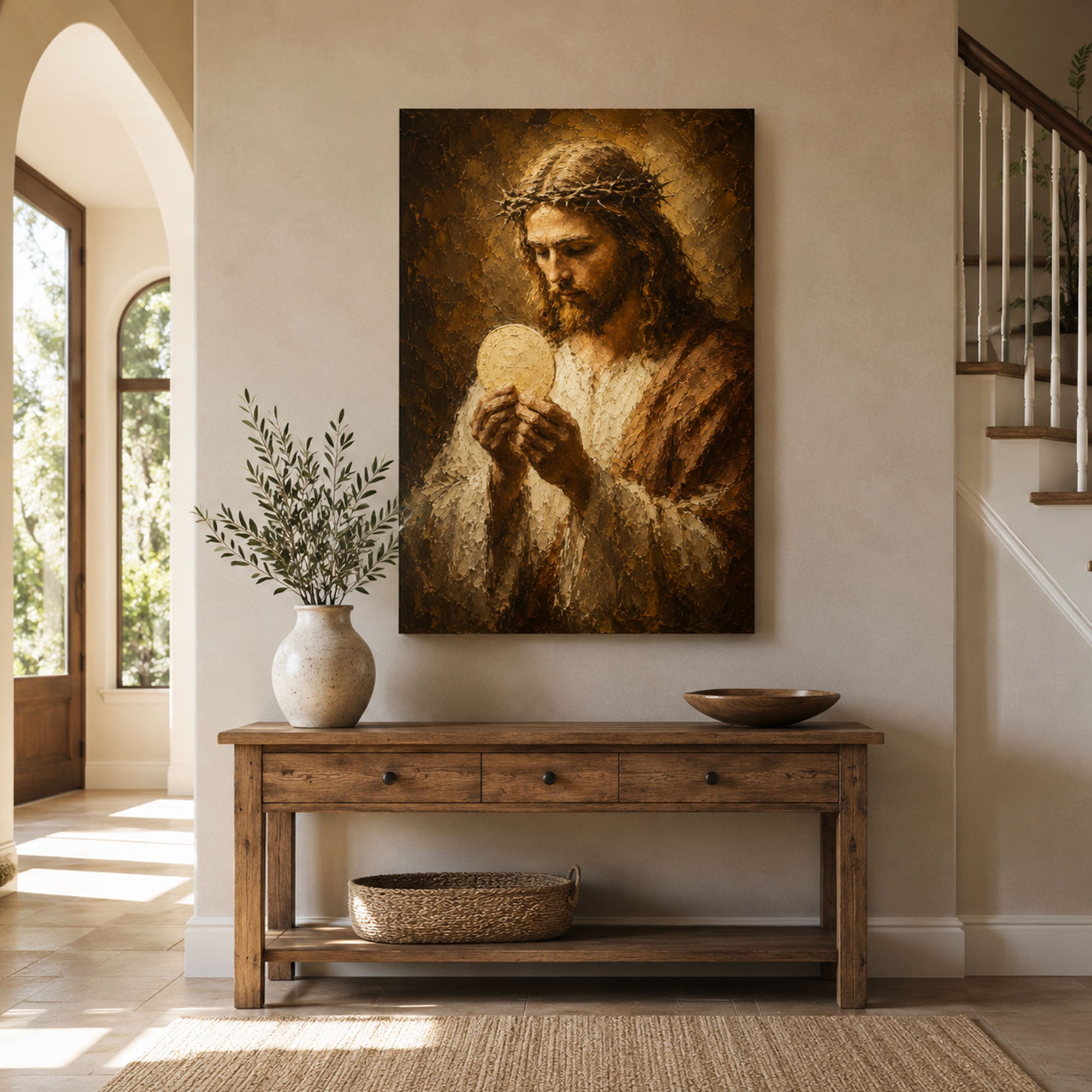 Jesus Holding the Holy Eucharist Canvas Print, Catholic Eucharistic Wall Art, Christ with Sacred Host, Religious Christian Home Decor