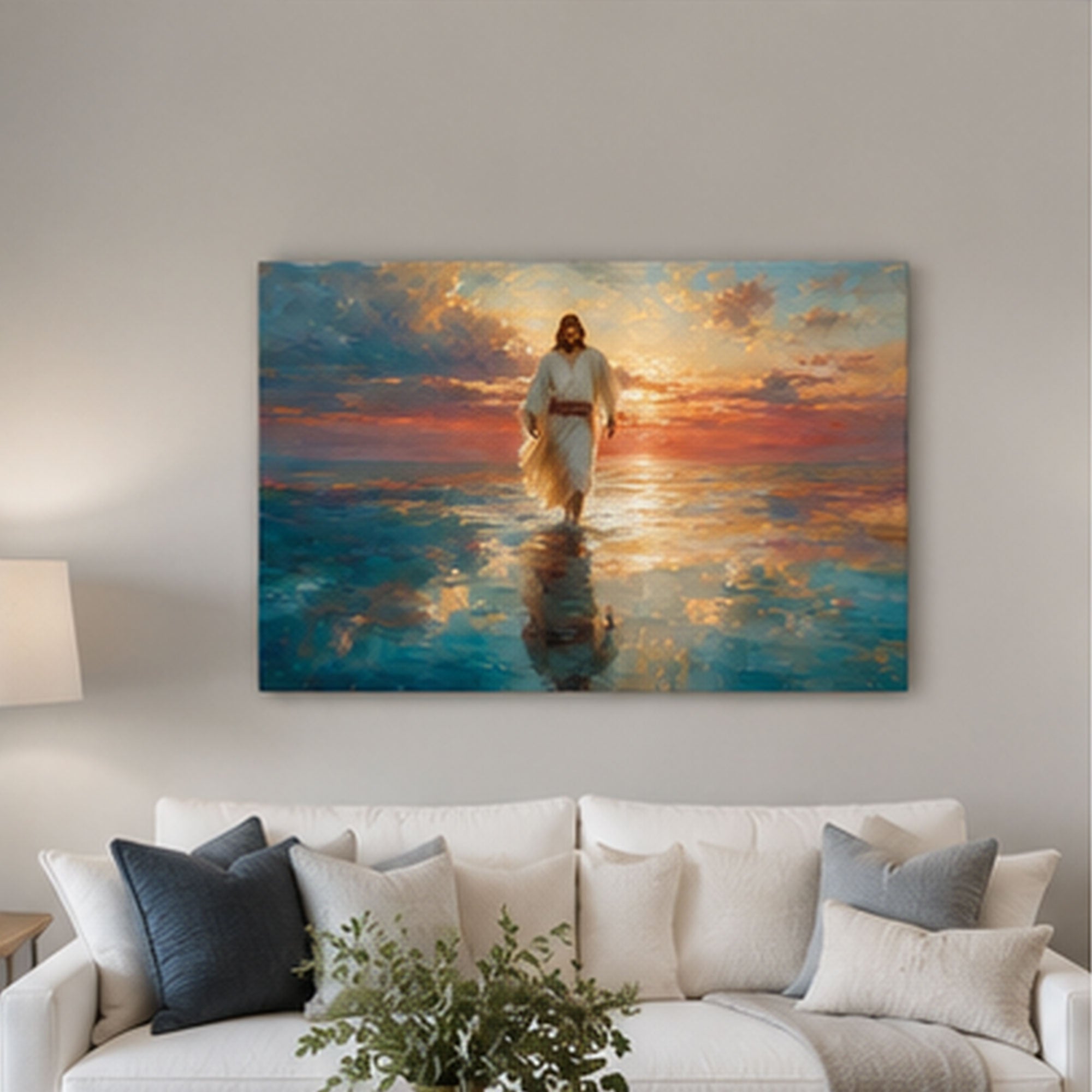 Jesus Walking on Water at Sunset Canvas Print, Christian Home Decor
