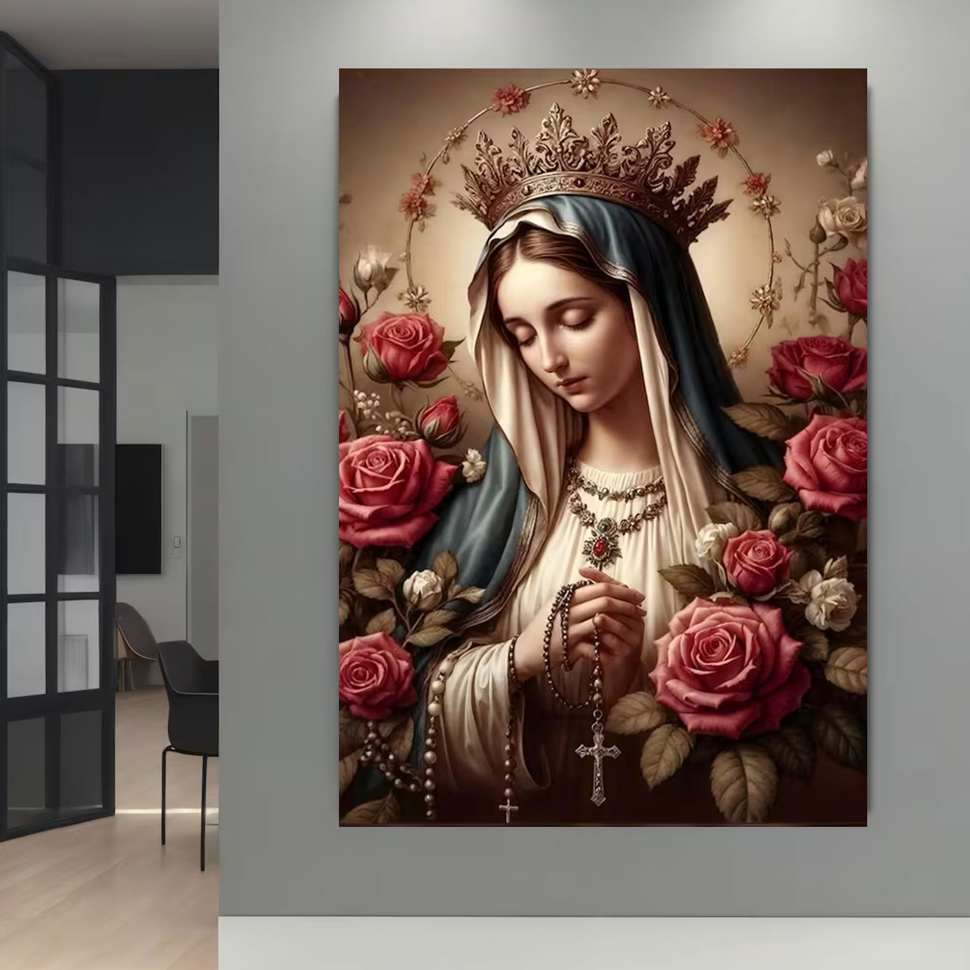 Virgin Mary Floral Canvas Print, Blessed Mother Portrait Wall Art, Catholic Faith Decor, Sacred Christian Gift, Ready to Hang