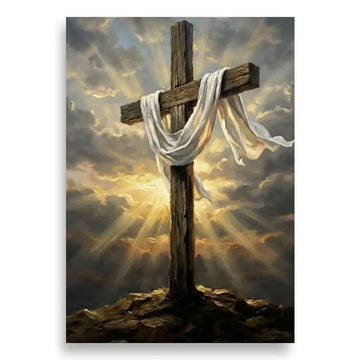 Empty Cross Canvas Print, Resurrection Easter Christian Wall Art, Wooden Cross with Shroud Decor, Symbol of New Life, Inspirational Faith Gift