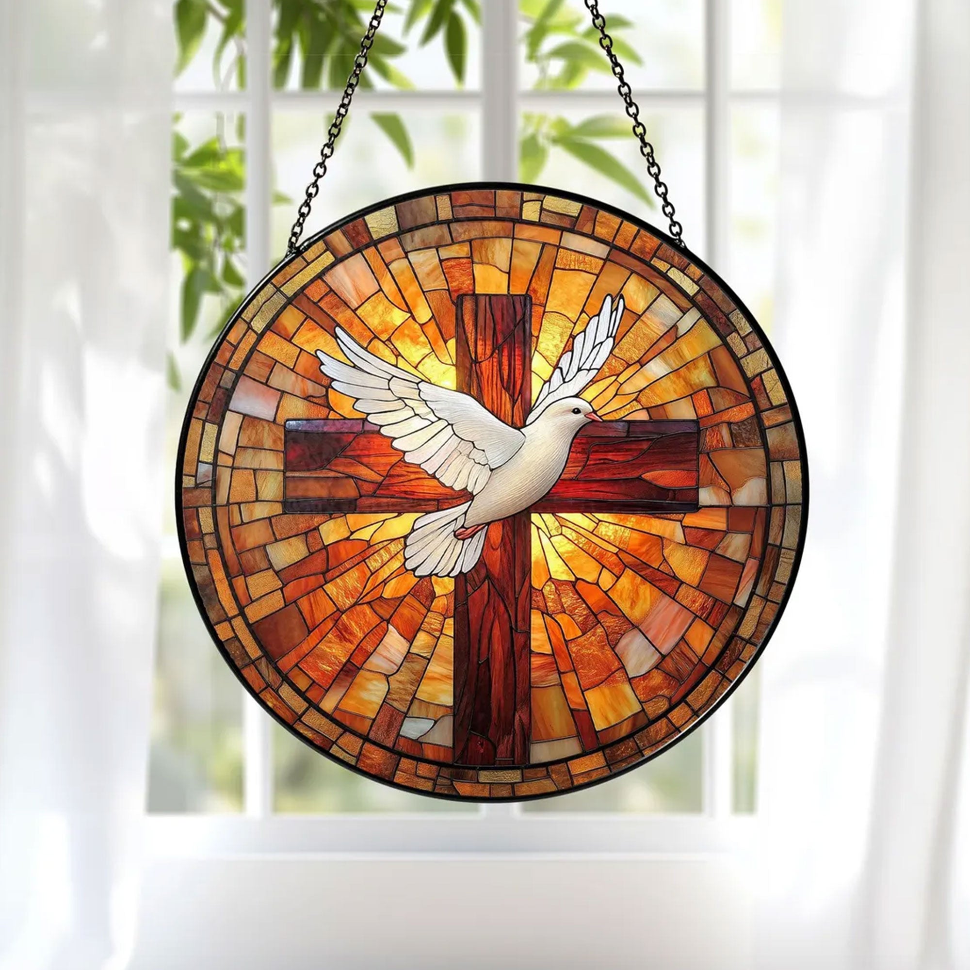 Holy Spirit Cross and Dove Stained Glass Suncatcher, Christian Window Hanging Decor, Religious Faith Gift