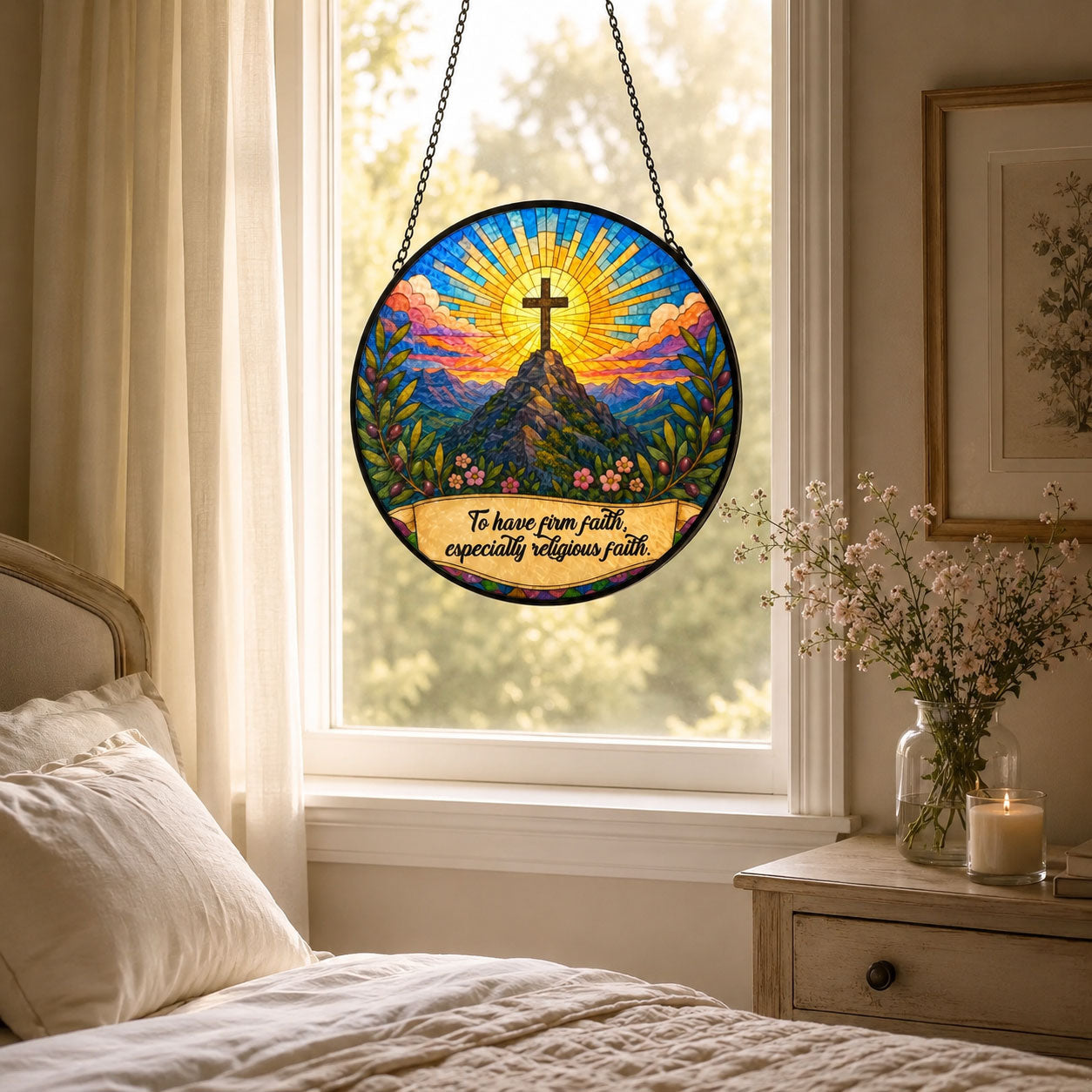 Firm Faith Christian Cross Suncatcher, Mountain Sunrise Window Hanging, Inspirational Religious Gift