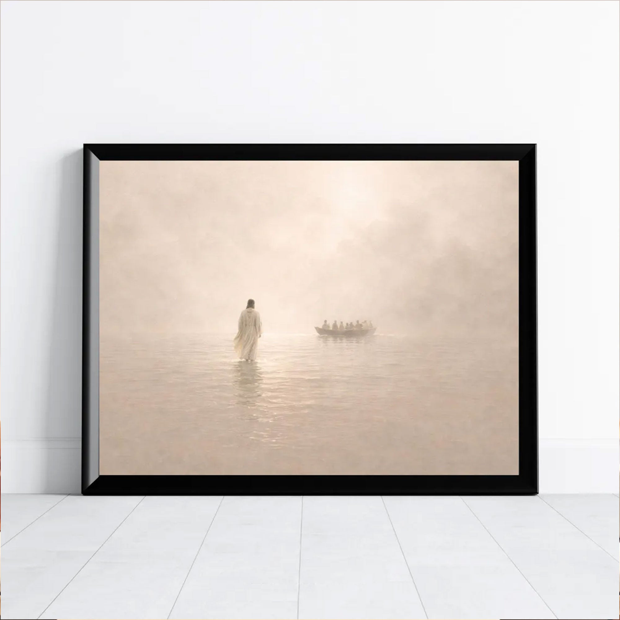 Jesus Walking on Water Large Canvas Print, Minimalist Christian Wall Art, Modern Neutral Faith Home Decor