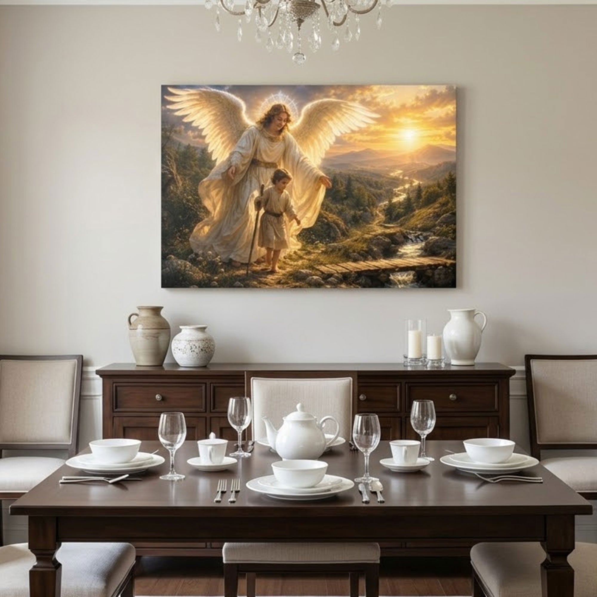 Angel Watching Over Child Canvas Print, Heavenly Christian Wall Art, Golden Sunset Faith Home Decor Gift