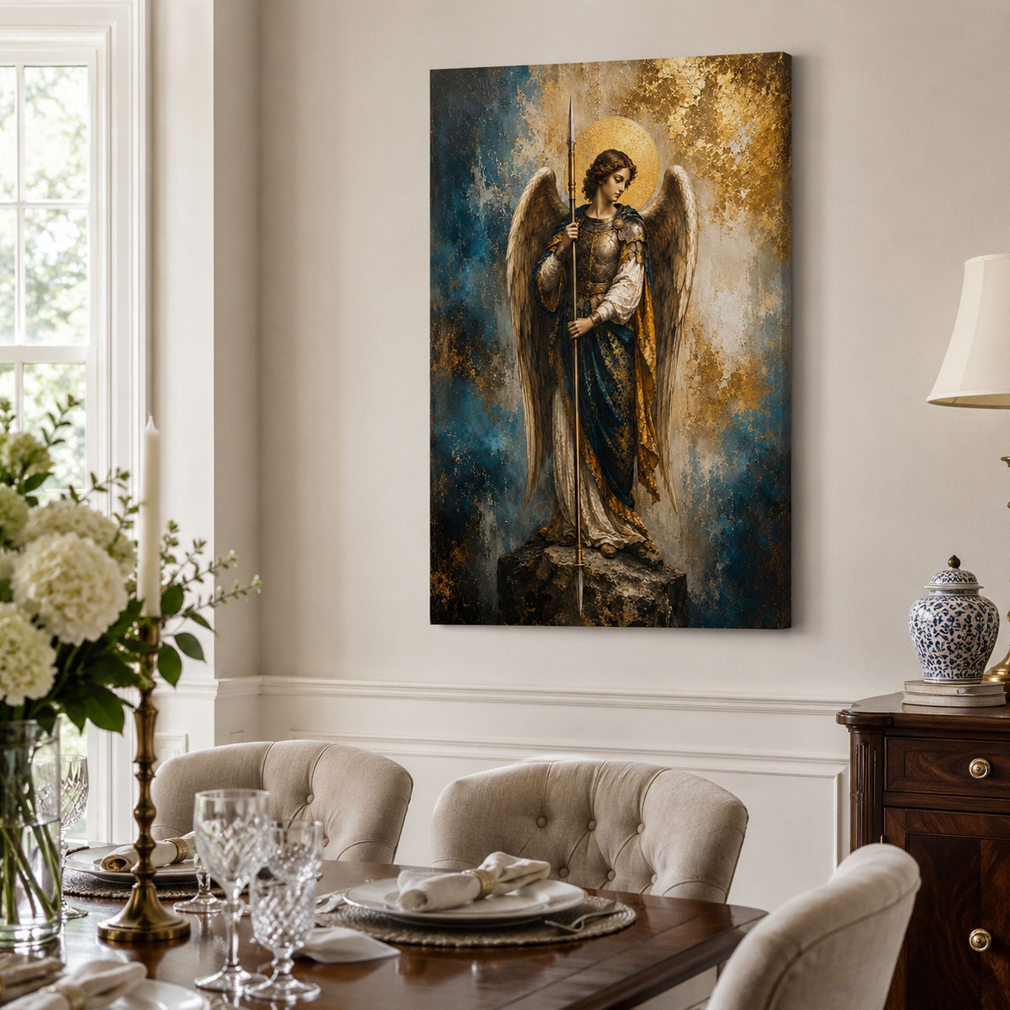 Saint Raphael Archangel Canvas Print, Catholic Healing Angel Wall Art, Blue and Gold Faith Home Decor Gift