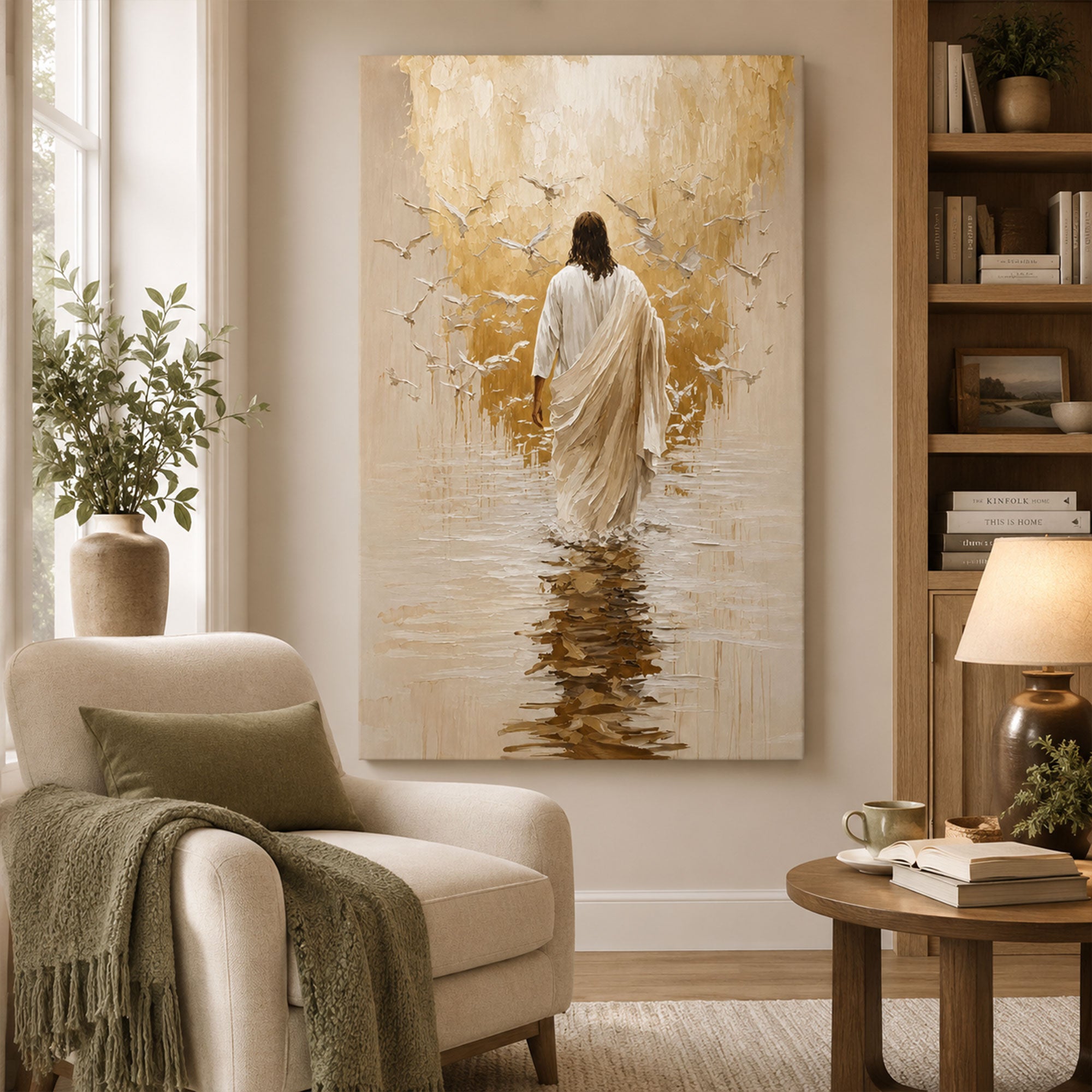 Jesus Walking in Divine Peace Canvas Print, Minimalist Christian Wall Art, Spiritual Reflection Faith Decor