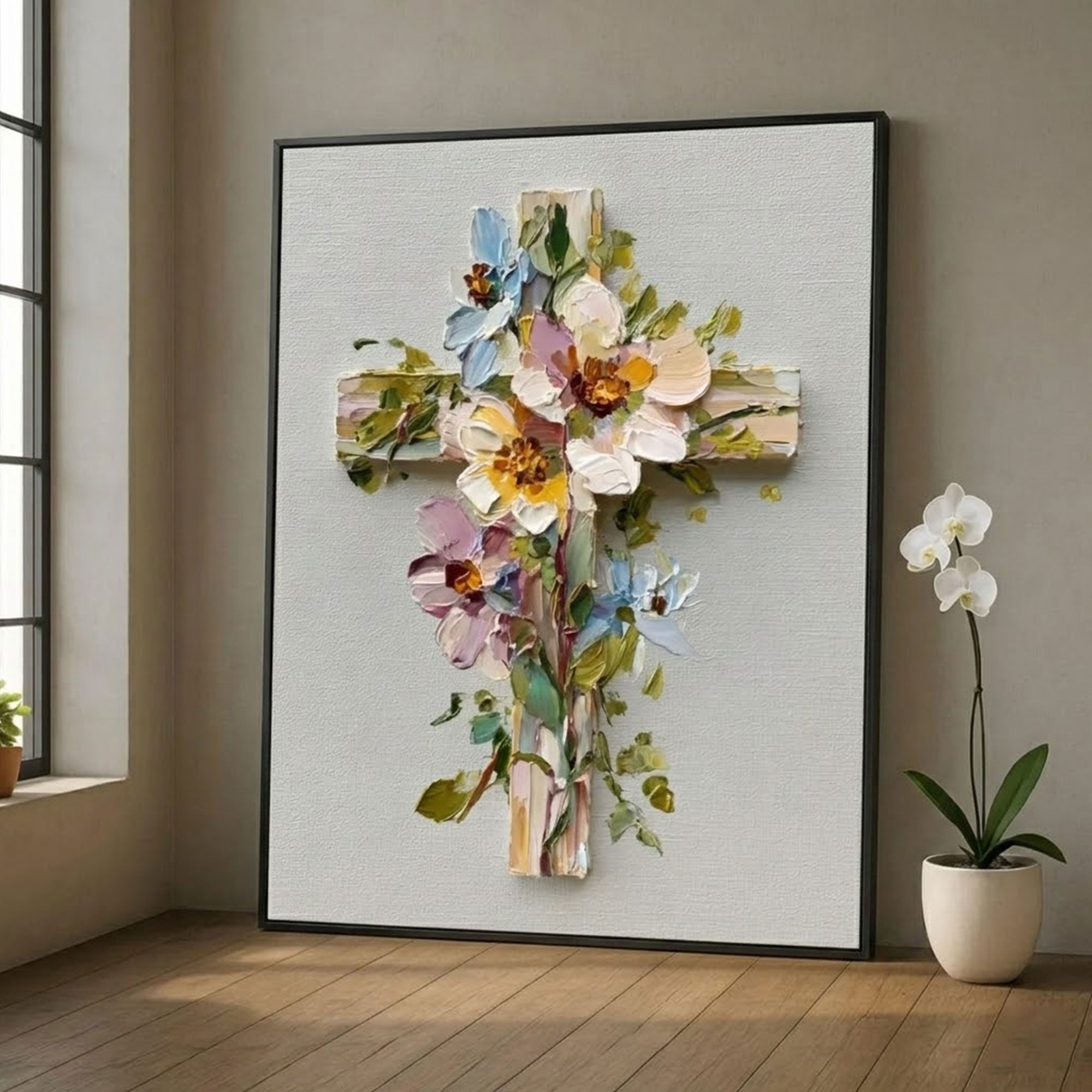 Floral Cross Canvas Print, Rustic Christian Wall Art, Flower Cross Religious Decor, Spiritual Home Decoration, Inspirational Faith Gift