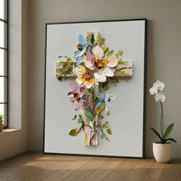 Floral Cross Canvas Print, Rustic Christian Wall Art, Flower Cross Religious Decor, Spiritual Home Decoration, Inspirational Faith Gift