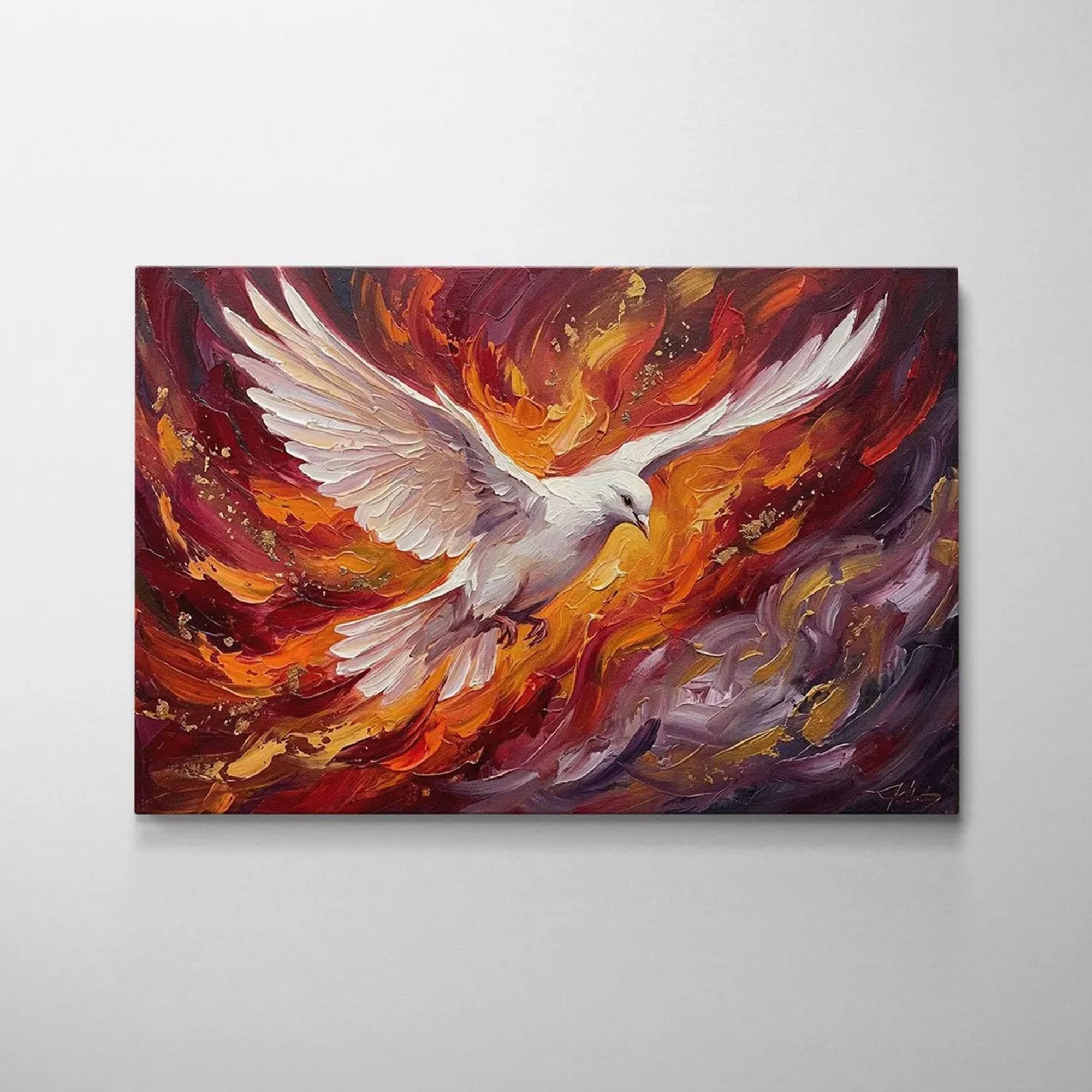 Holy Spirit Dove Fire Canvas Print, Modern Christian Wall Art, Pentecost Flame Decor, Red Orange Gold Faith Artwork