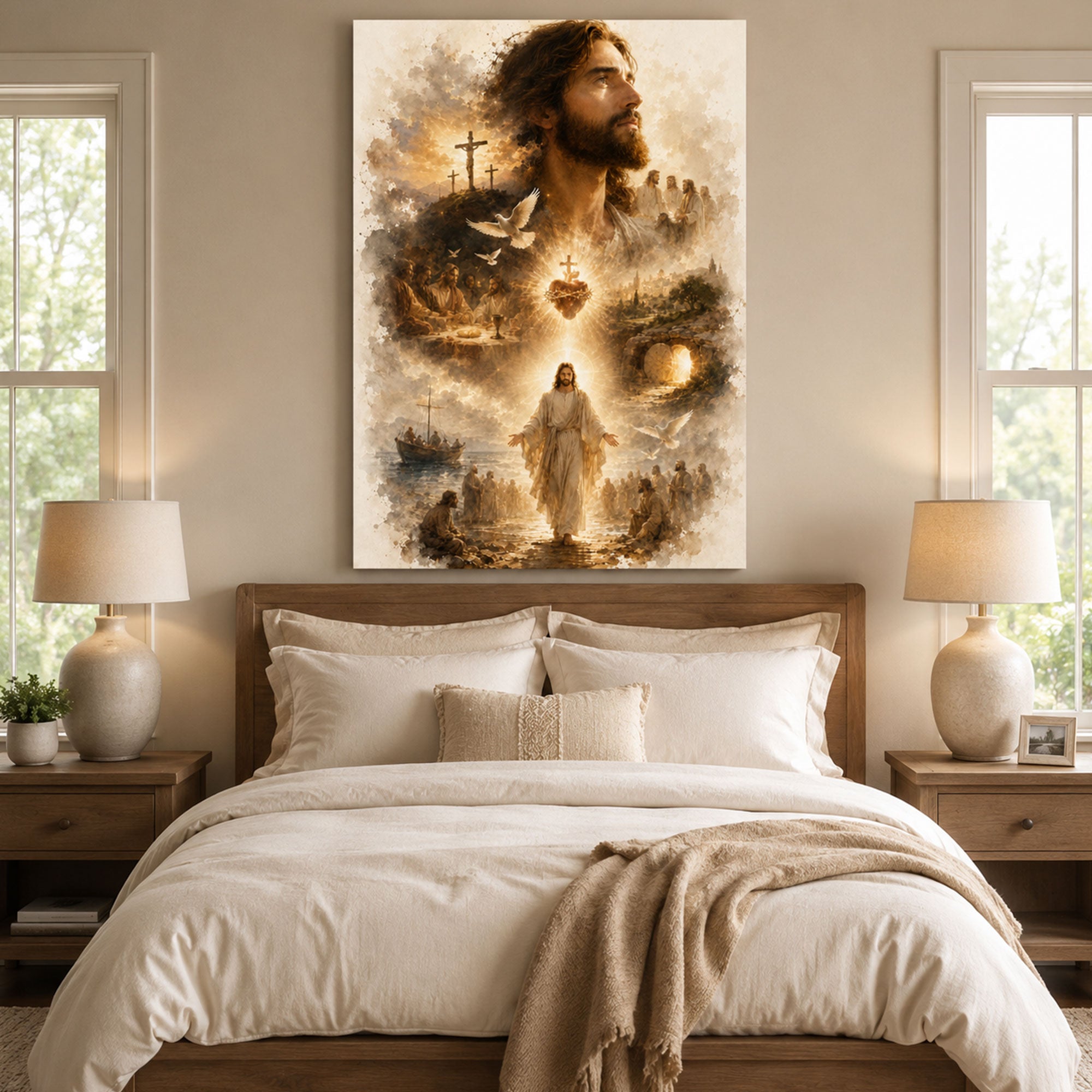 Life of Jesus Sacred Heart Canvas Print, Biblical Scenes Christian Wall Art, Catholic Religious Home Decor Gift