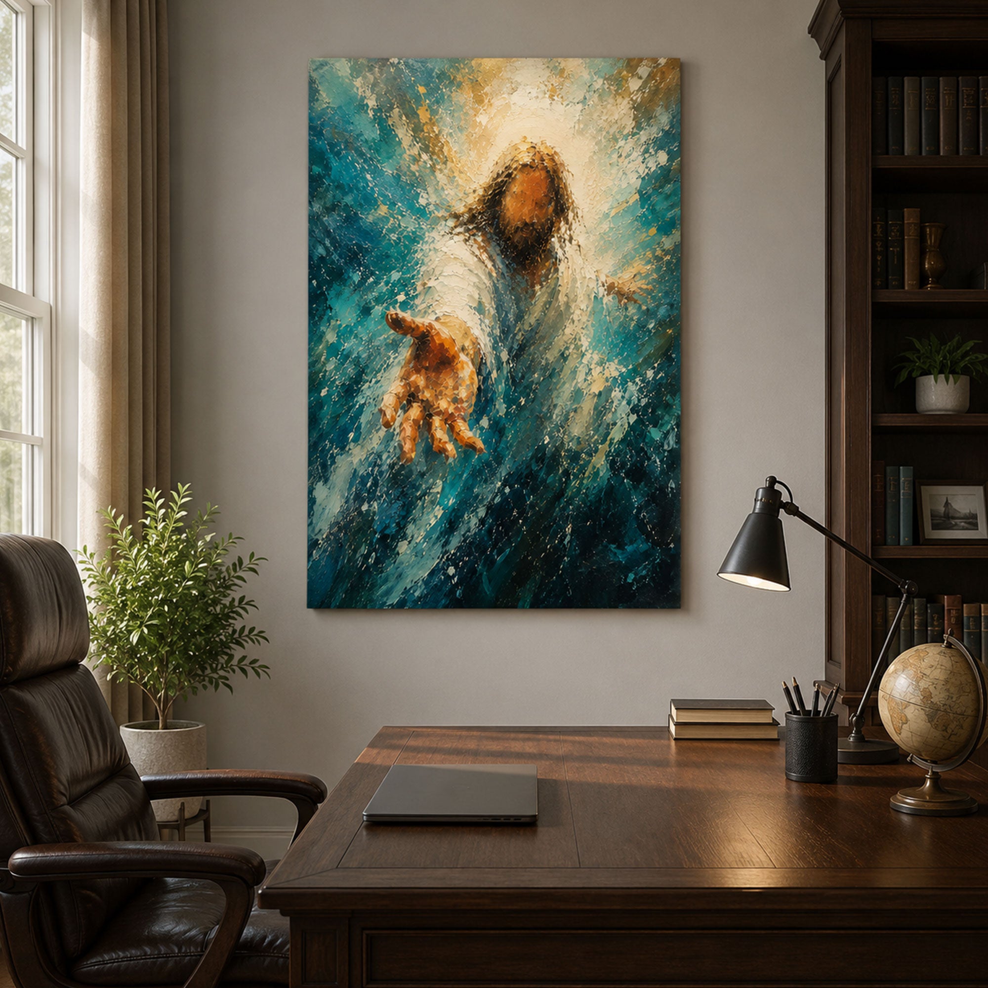 Jesus Reaching Out Canvas Print, Stormy Sea Christian Wall Art, Faith and Hope Home Decor
