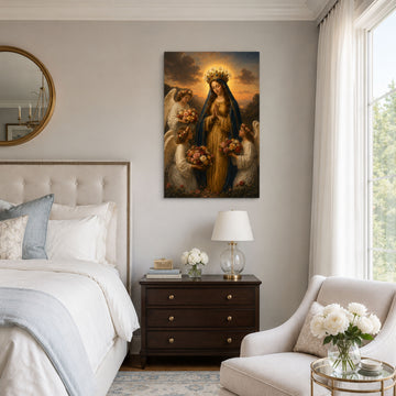 Crowned Virgin Mary with Angels and Flowers Canvas Print, Catholic Home Decor
