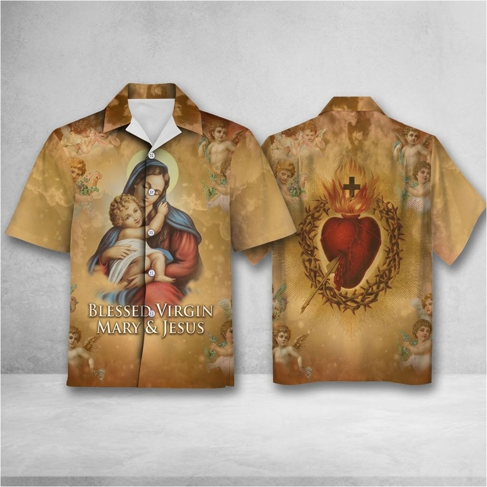 Blessed Virgin Mary and Jesus Hawaiian Shirt, Catholic Christian Apparel, Religious Faith Gift for Men Women