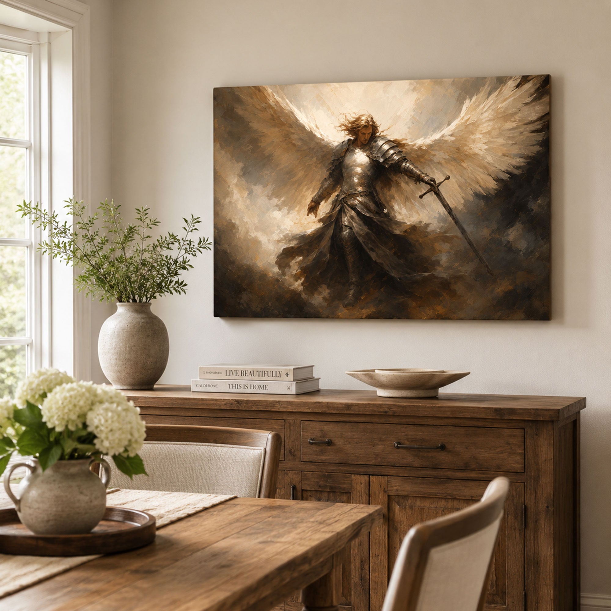 Saint Michael Archangel with Sword Canvas Print, White and Gold Catholic Art