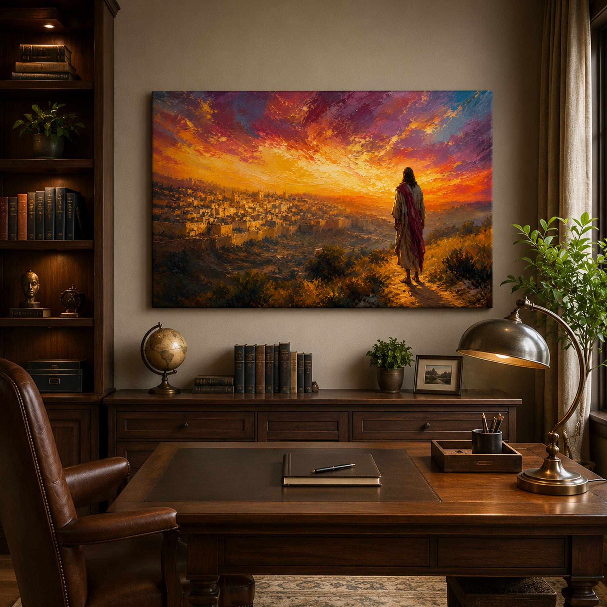 Jesus Over Jerusalem Canvas Print, Christian Wall Art, Holy City Sunset Faith Home Decor