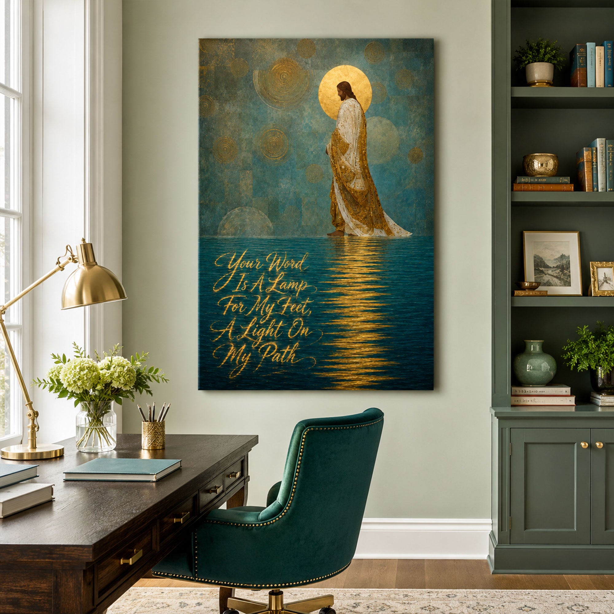 Your Word Is a Lamp for My Feet Canvas Print, Gustav Klimt Inspired Christian Wall Art, Golden Scripture Faith Decor