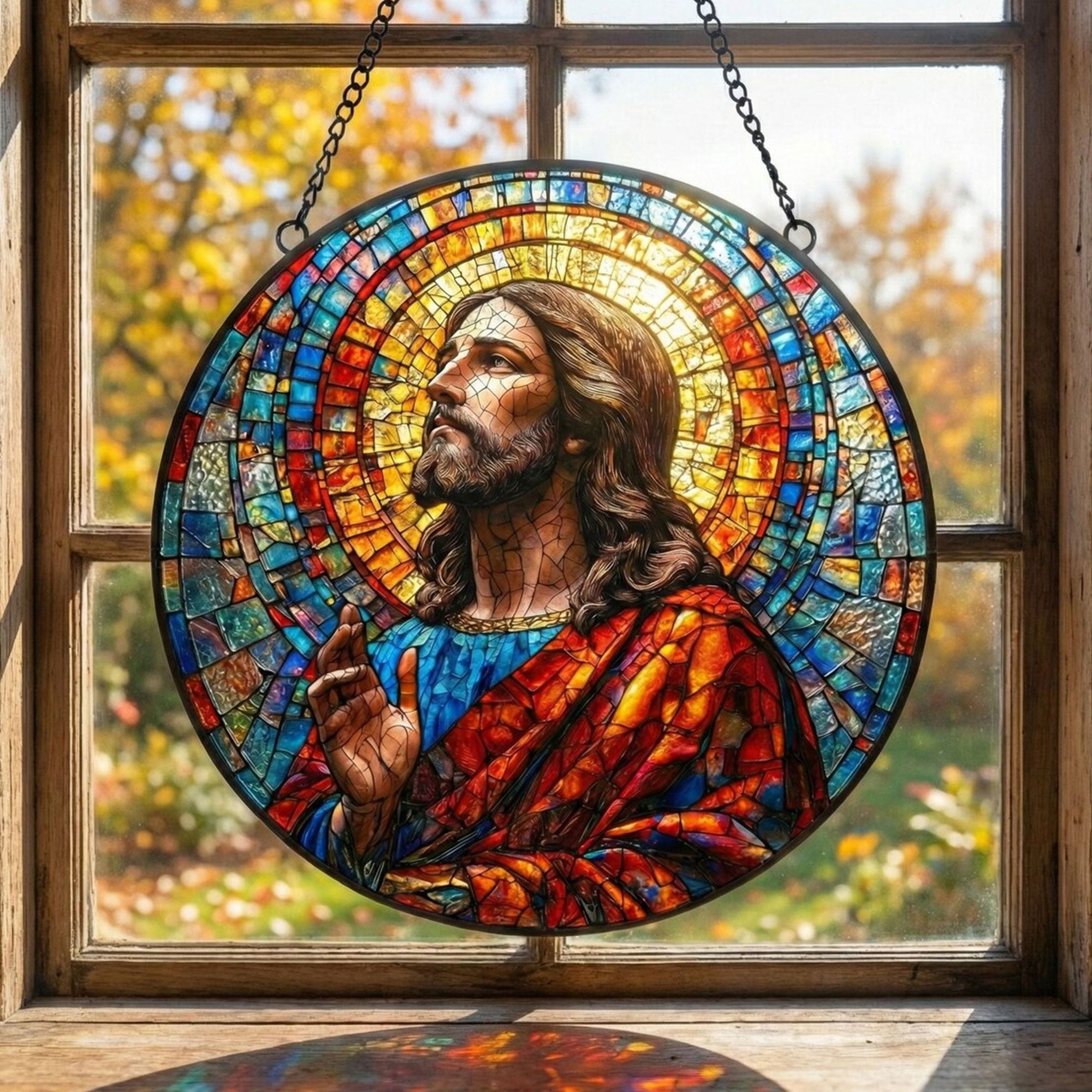 Jesus Christ Stained Glass Suncatcher, Christian Window Hanging Decor, Religious Faith Gift, Spiritual Home Ornament