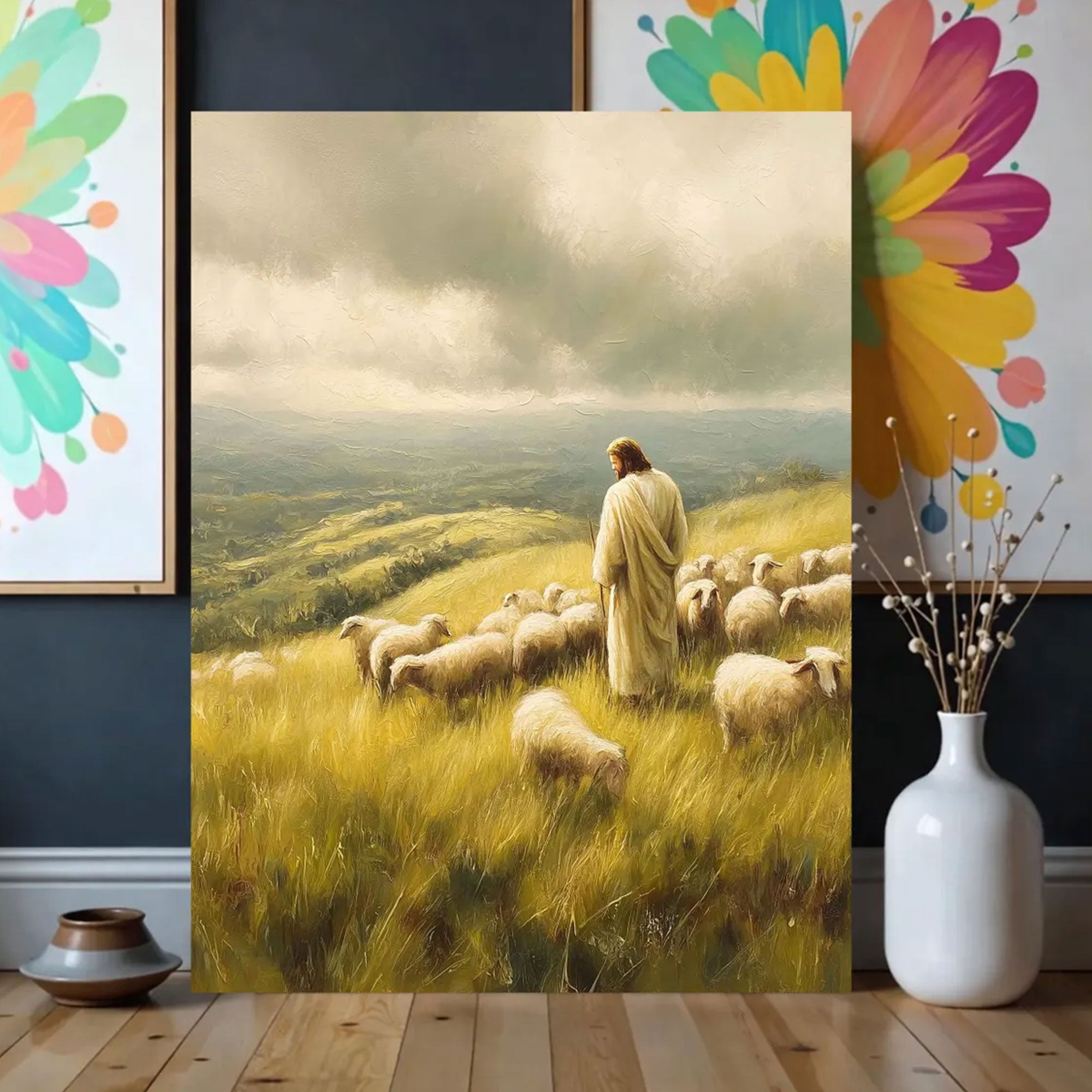 Jesus Good Shepherd Canvas Print, Christian Religious Sheep Wall Art, Rustic Faith Home Decor
