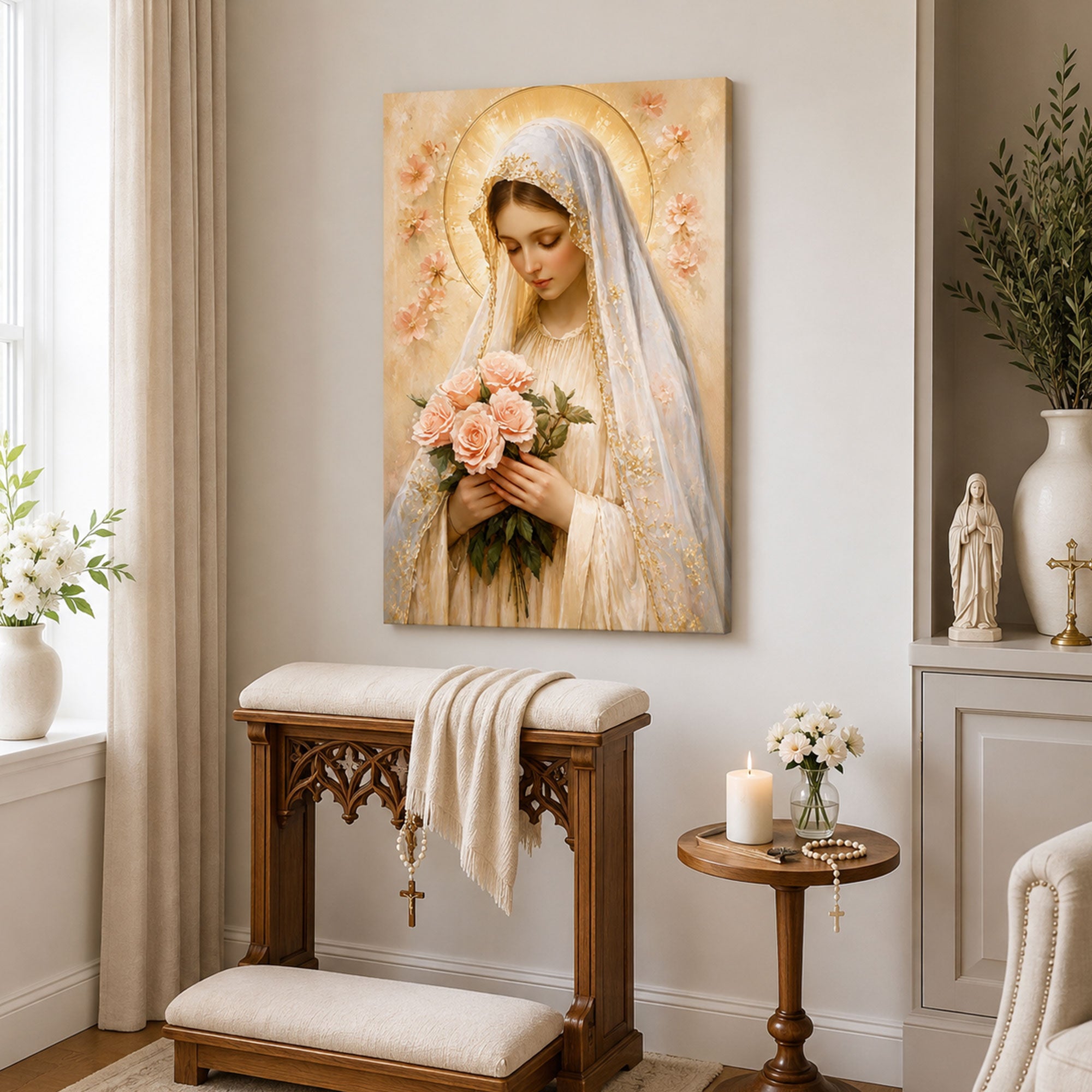Virgin Mary with Roses Canvas Print, Catholic Wall Decor, Marian Faith Gift