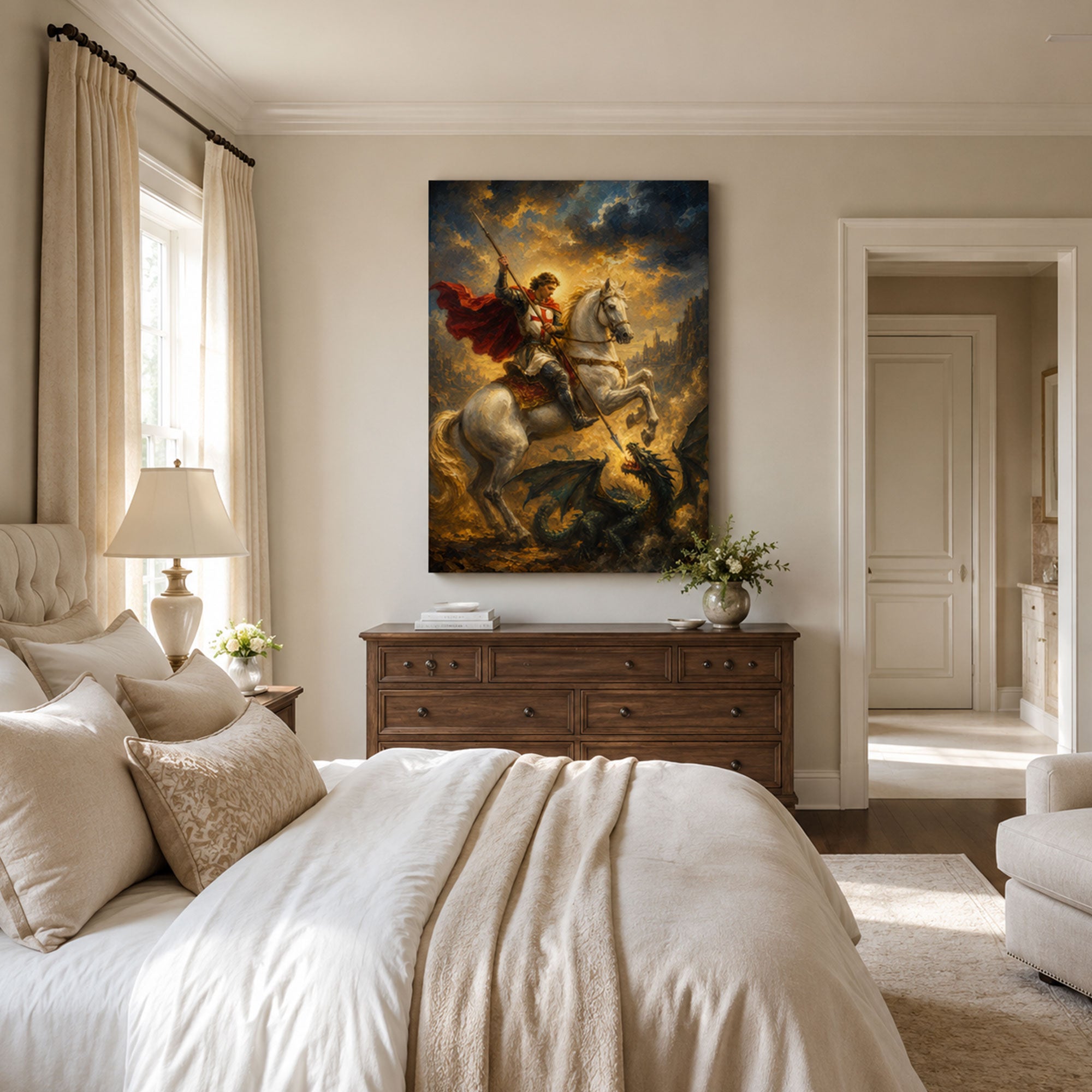 Saint George Spear of Faith Canvas Print, Stormlit Catholic Decor