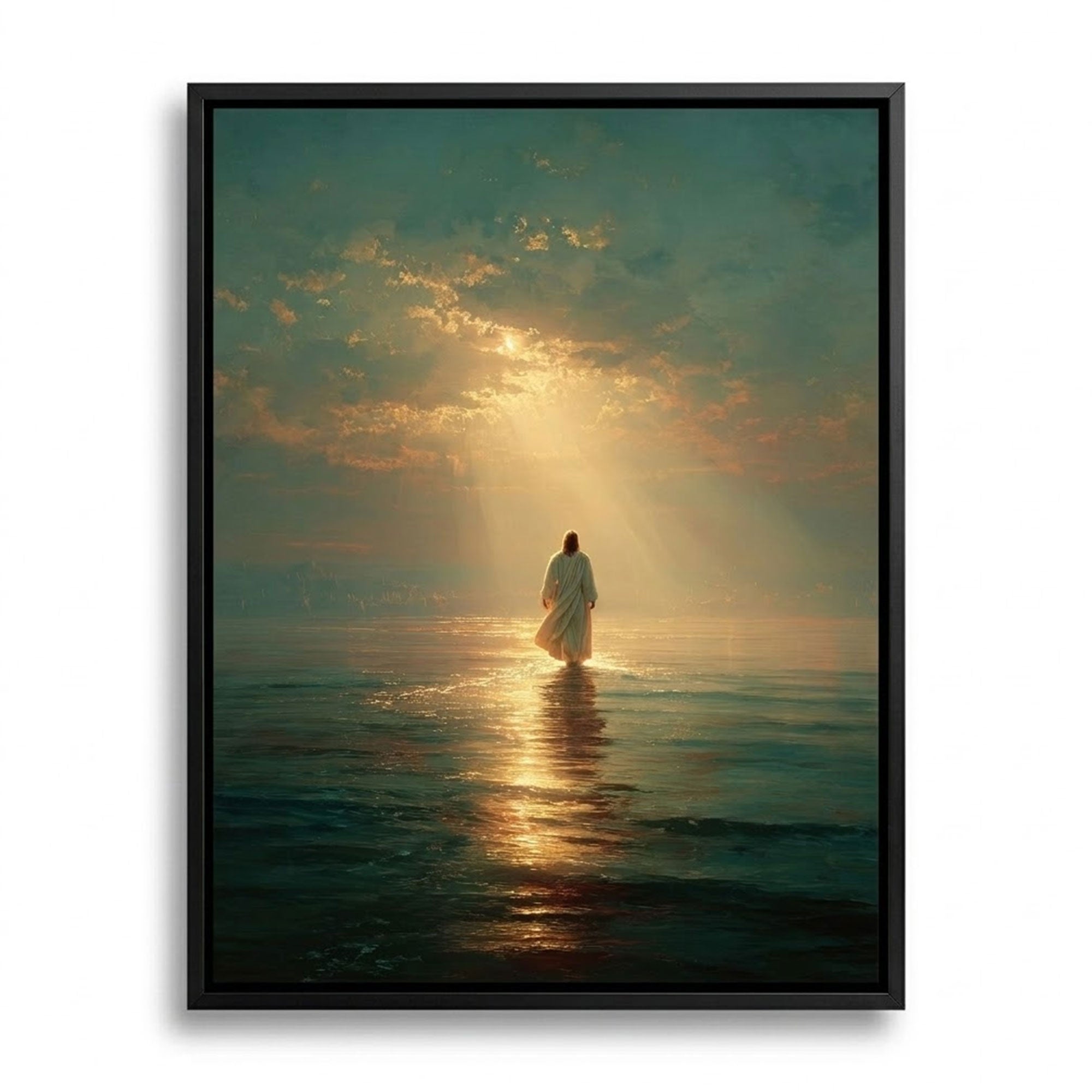 Jesus Walking on Water Canvas Print, Faith Over Fear Christian Wall Art, Divine Light Ocean Scene, Spiritual Home Decor, Inspirational Religious Gift