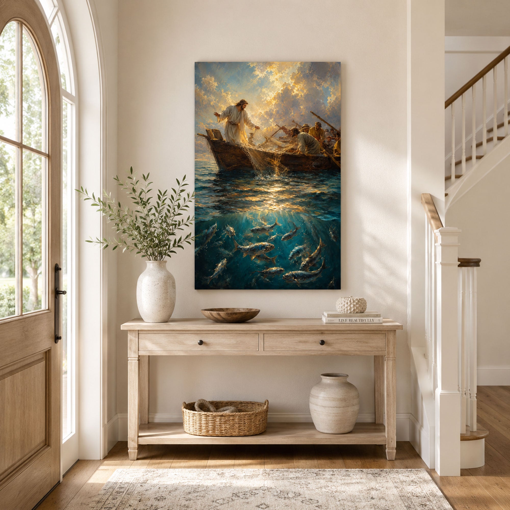 Miraculous Catch of Fish Canvas Print, Jesus and Fishermen Luke 5 Christian Wall Decor, Faith Gift