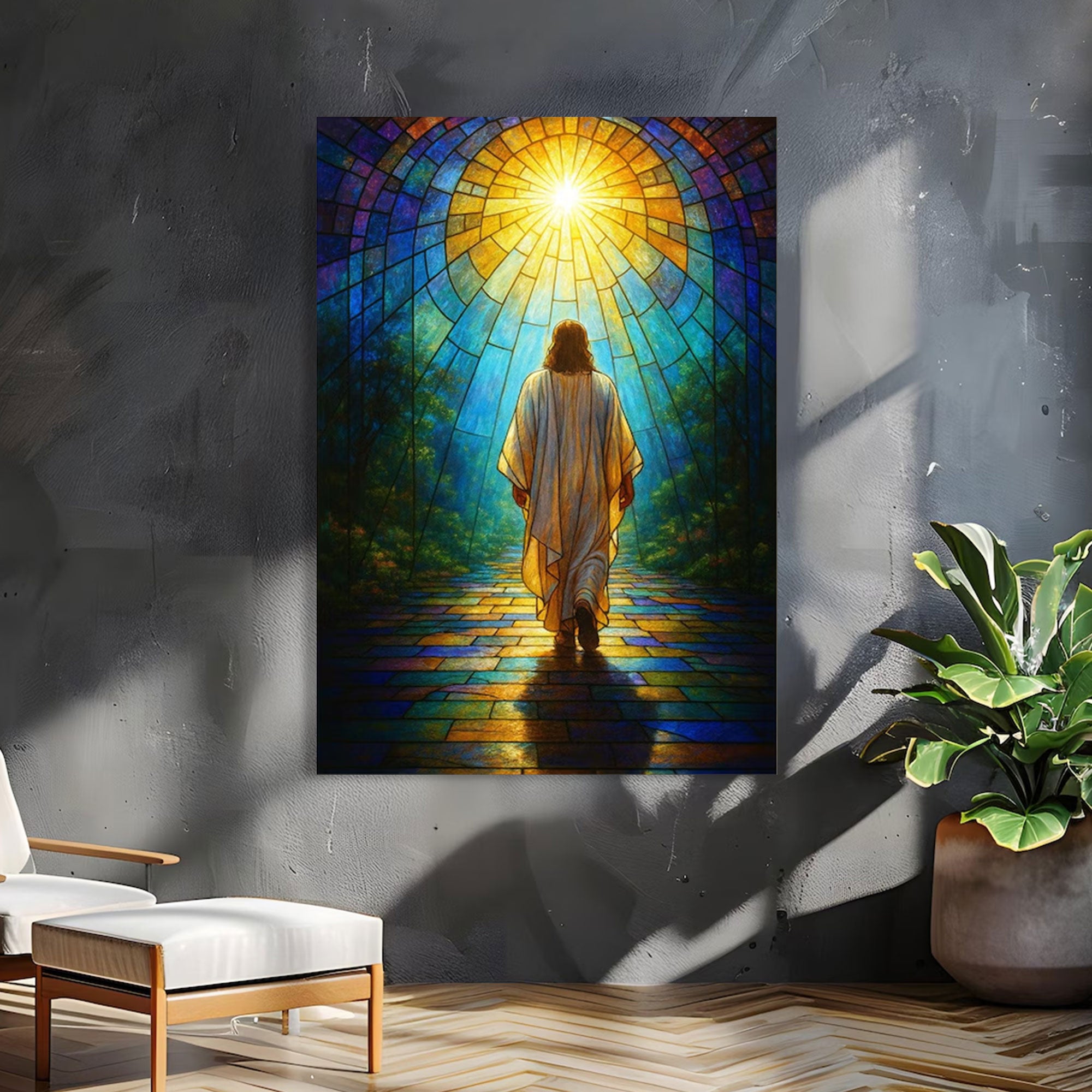 Inspirational Jesus Walking Path Canvas Print, Stained Glass Sunlight Christian Wall Art, Faith Journey Home Decor