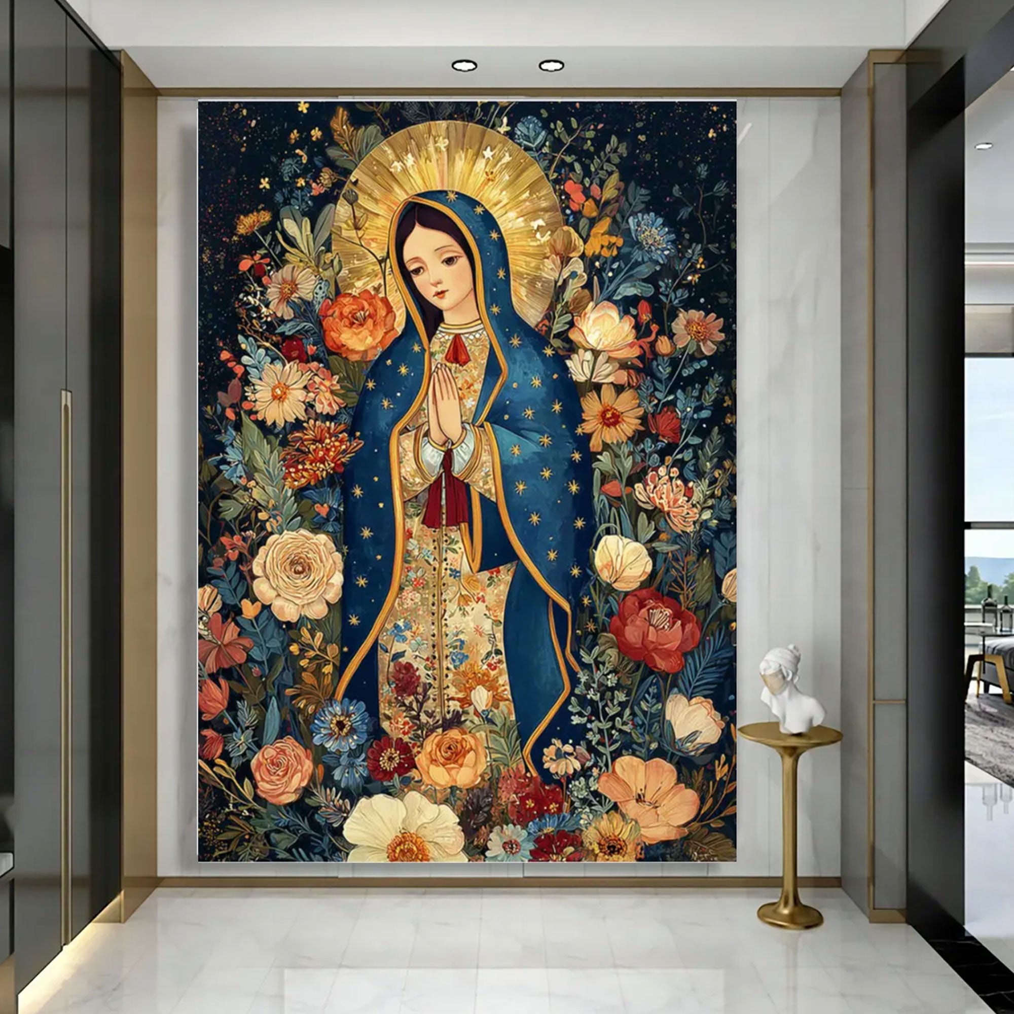 Our Lady of Guadalupe Canvas Print, Floral Virgin Mary Wall Art, Catholic Religious Decor, Devotional Christian Artwork, Prayerful Faith Gift for Home