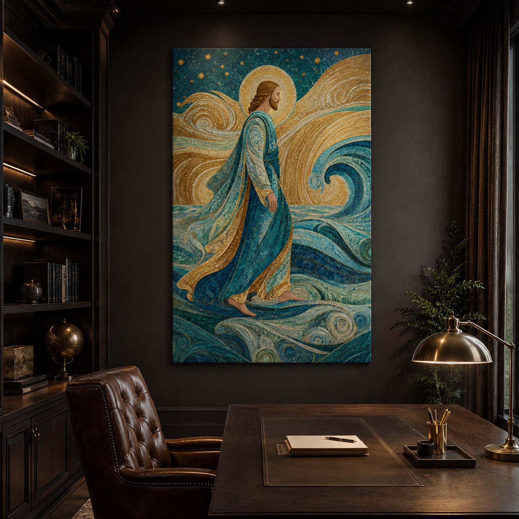 Jesus Walking on Water Mosaic Canvas Print, Gustav Klimt Inspired Christian Wall Art, Golden Spiritual Home Decor