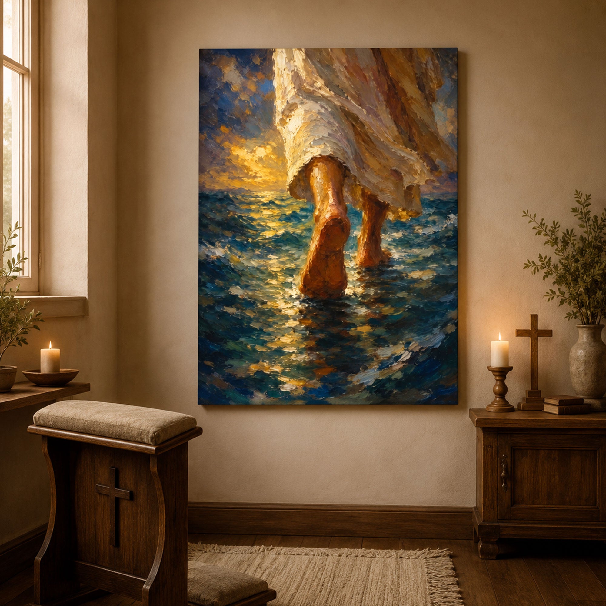 Jesus Walking on Water Canvas Print, Christian Ocean Wall Art, Faith Home Decor