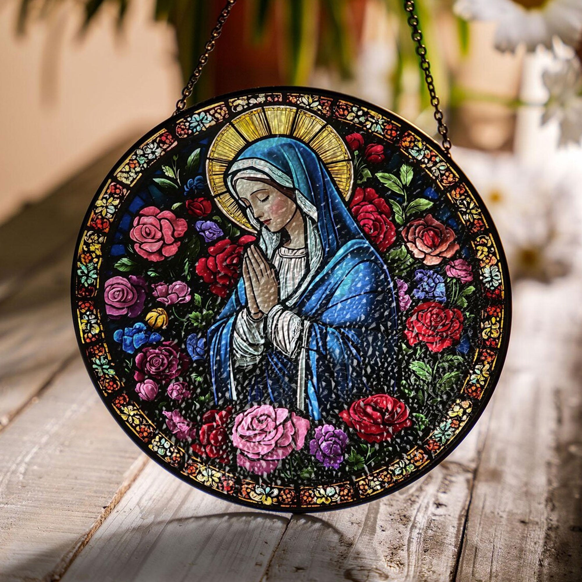 Mother Mary Art Stained Glass Suncatcher, Holy Mother Catholic Window Hanging, Christian Gift
