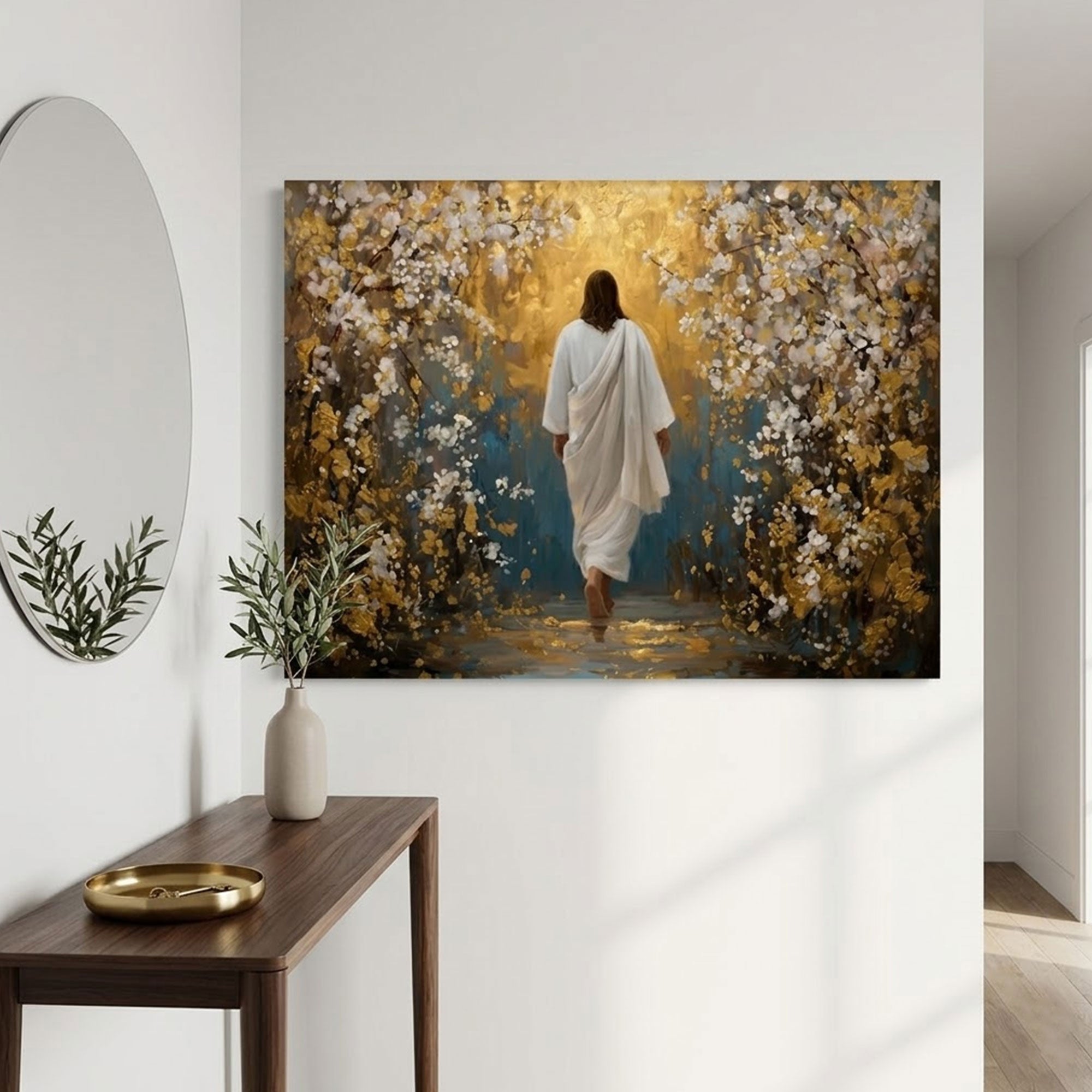 Walking Into His Peace Canvas Print, Jesus in the Garden Christian Wall Art, Warm Golden Faith Decor