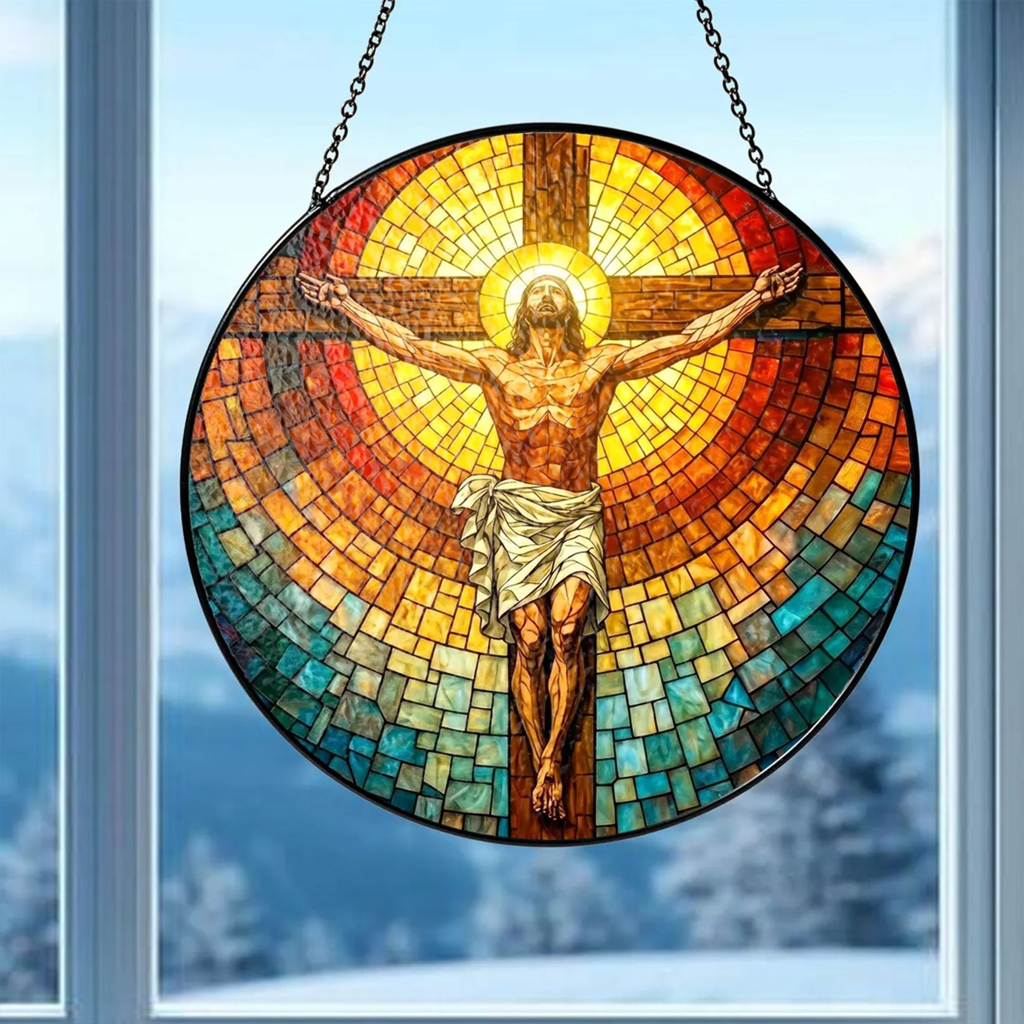 Jesus Crucifix Stained Glass Suncatcher, Christian Window Hanging, Cross Decor Gift for Home