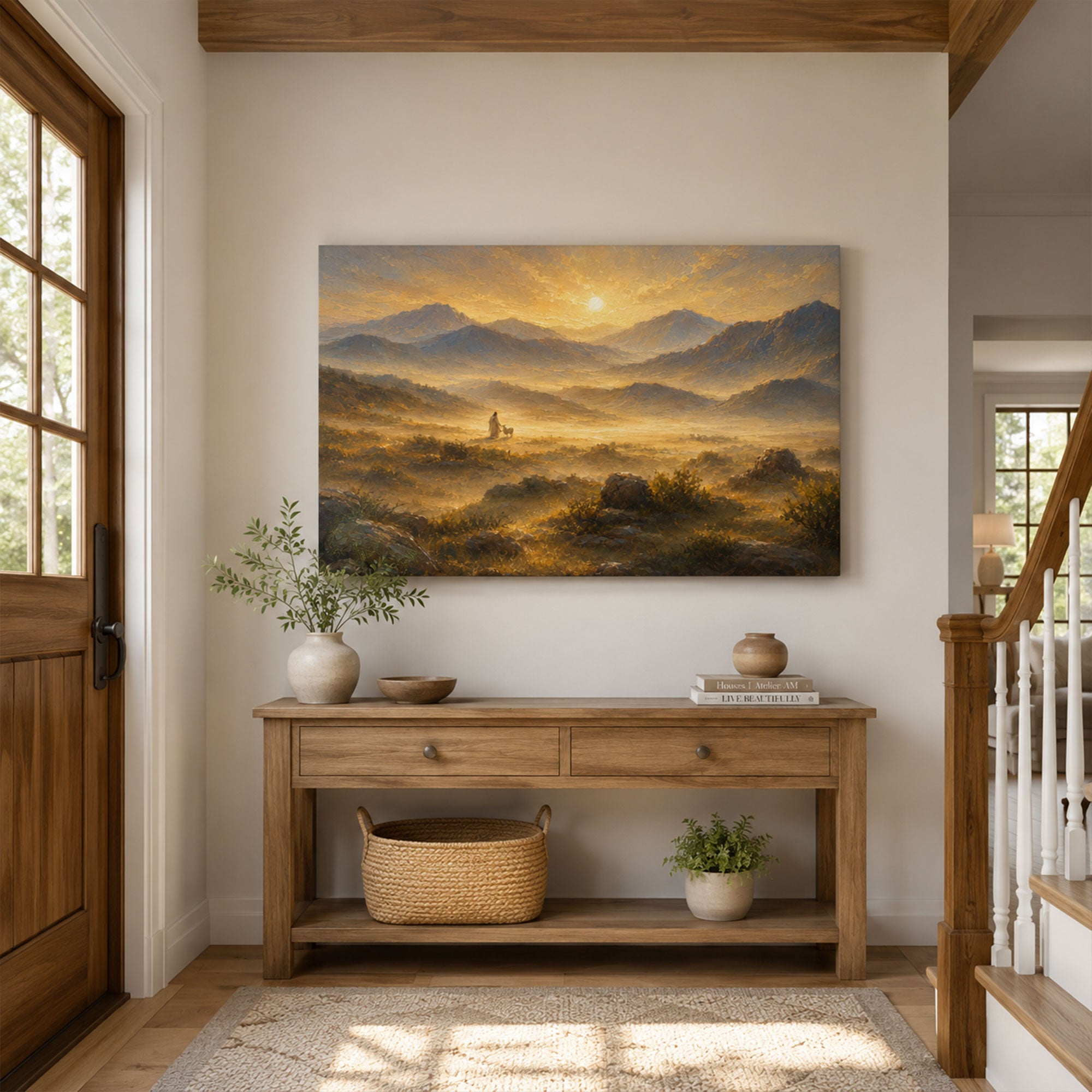Jesus in Golden Mountain Landscape Canvas Print, Peaceful Christian Home Decor