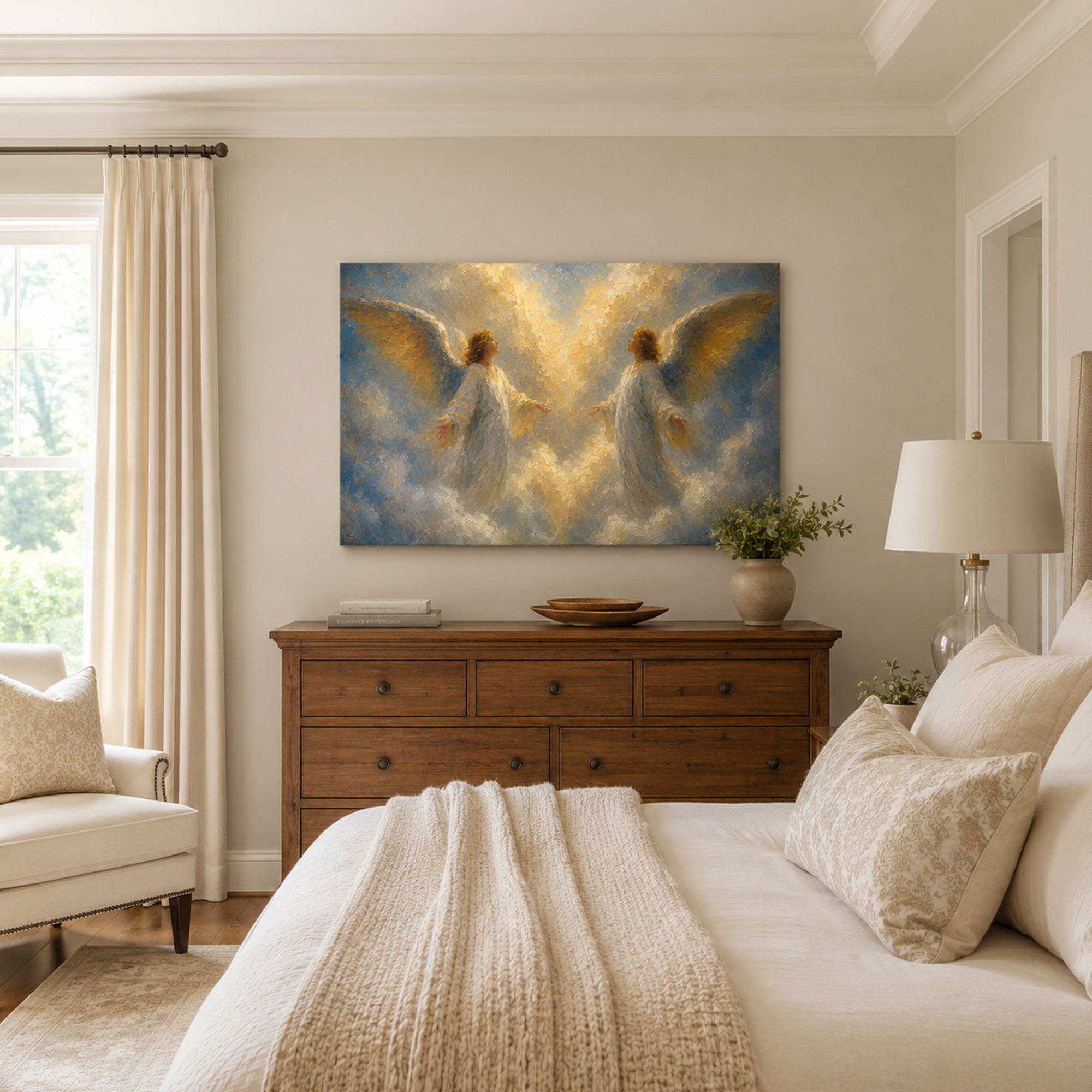Two Angels in Heavenly Light Canvas Print, Christian Home Decor