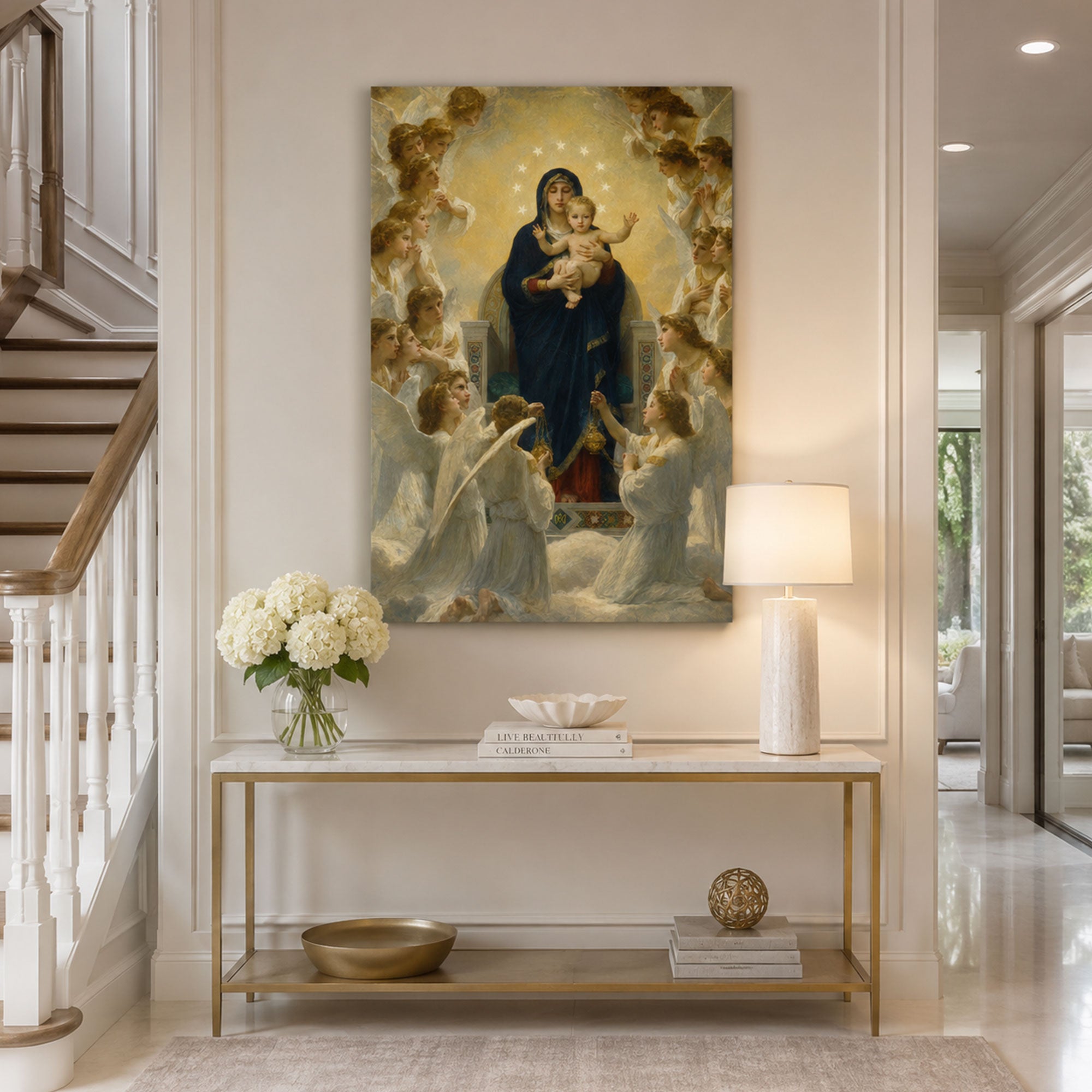 Our Lady Queen of Angels Canvas Print, Virgin Mary and Child Jesus Catholic Wall Decor, Marian Faith Gift