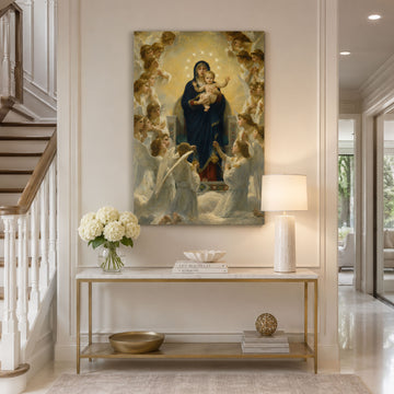 Our Lady Queen of Angels Canvas Print, Virgin Mary and Child Jesus Catholic Wall Decor, Marian Faith Gift