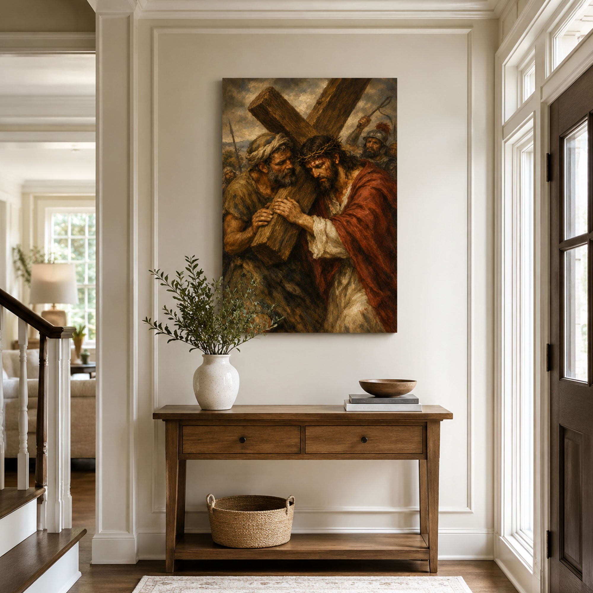 Jesus Carries the Cross Canvas Print, Simon of Cyrene Catholic Wall Art, Passion of Christ Home Decor Gift