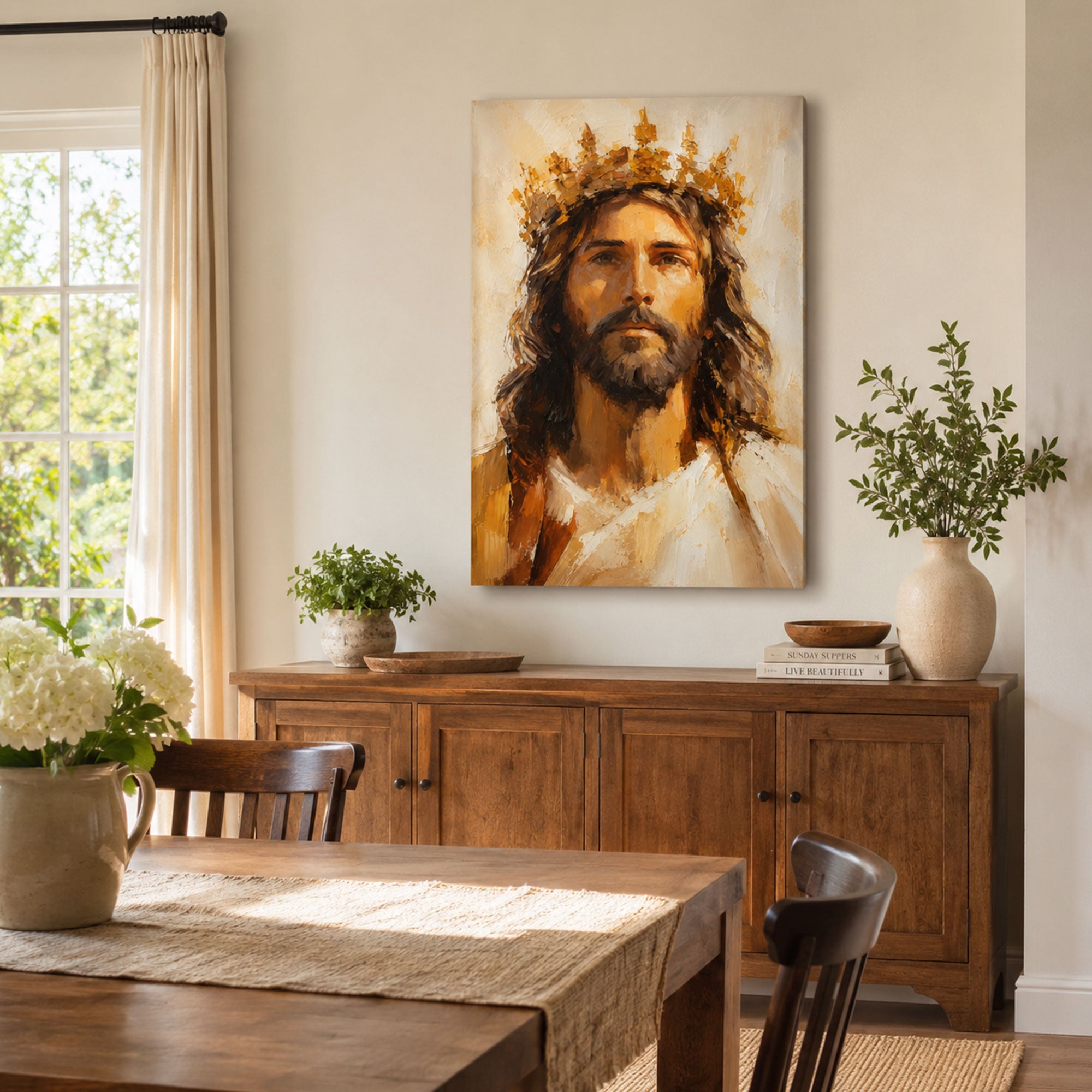 Crowned Jesus Portrait Canvas Print, Christ the King Catholic Wall Art, Golden Faith Home Decor Gift
