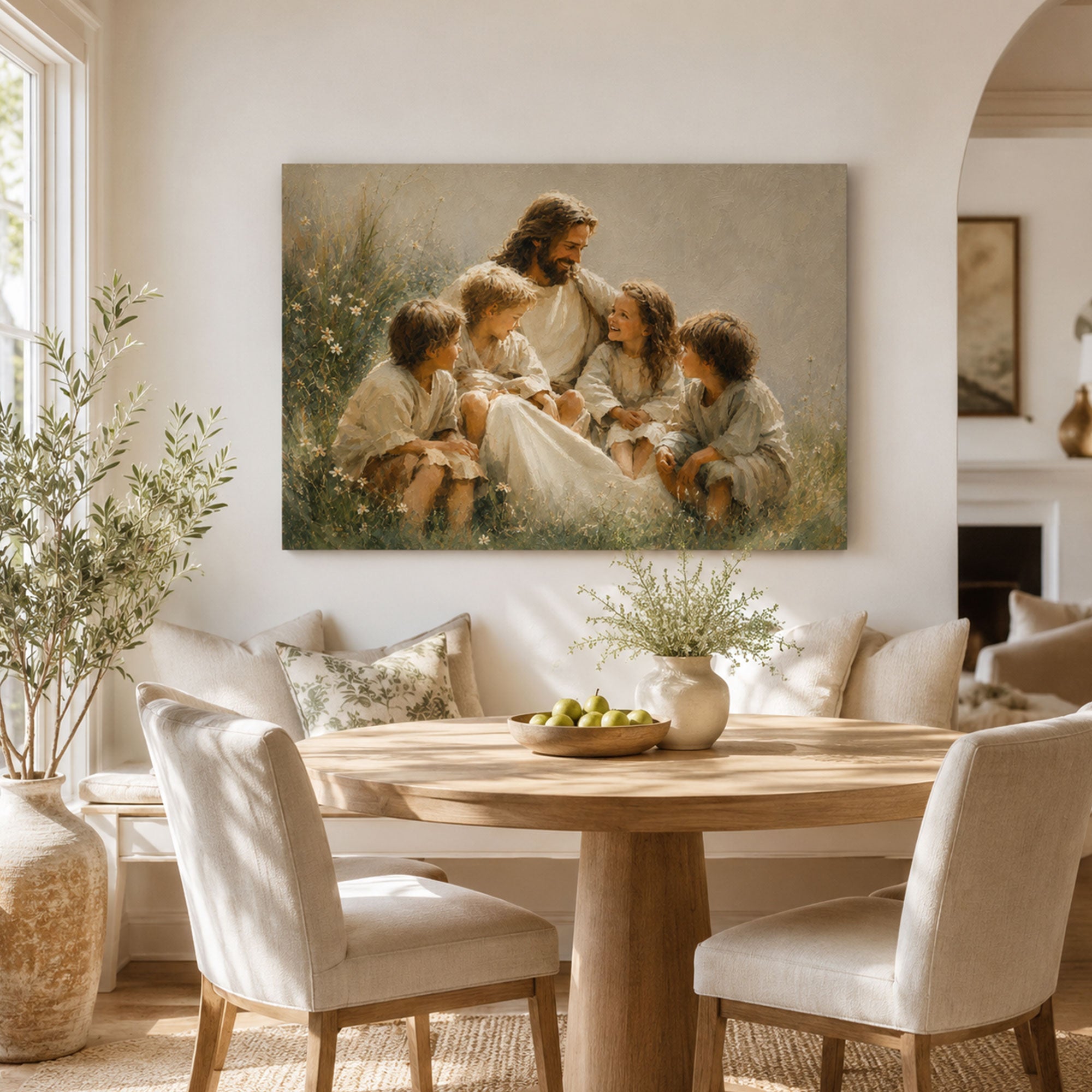 Jesus with Children Canvas Print, Matthew 19:14 Christian Wall Decor, Family Faith Gift
