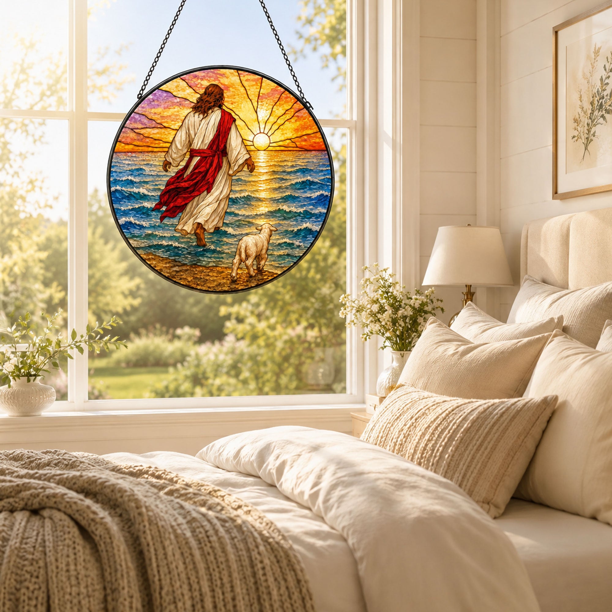 Follow Jesus Suncatcher, Christ Walking on Water with Lamb, Christian Faith Window Decor