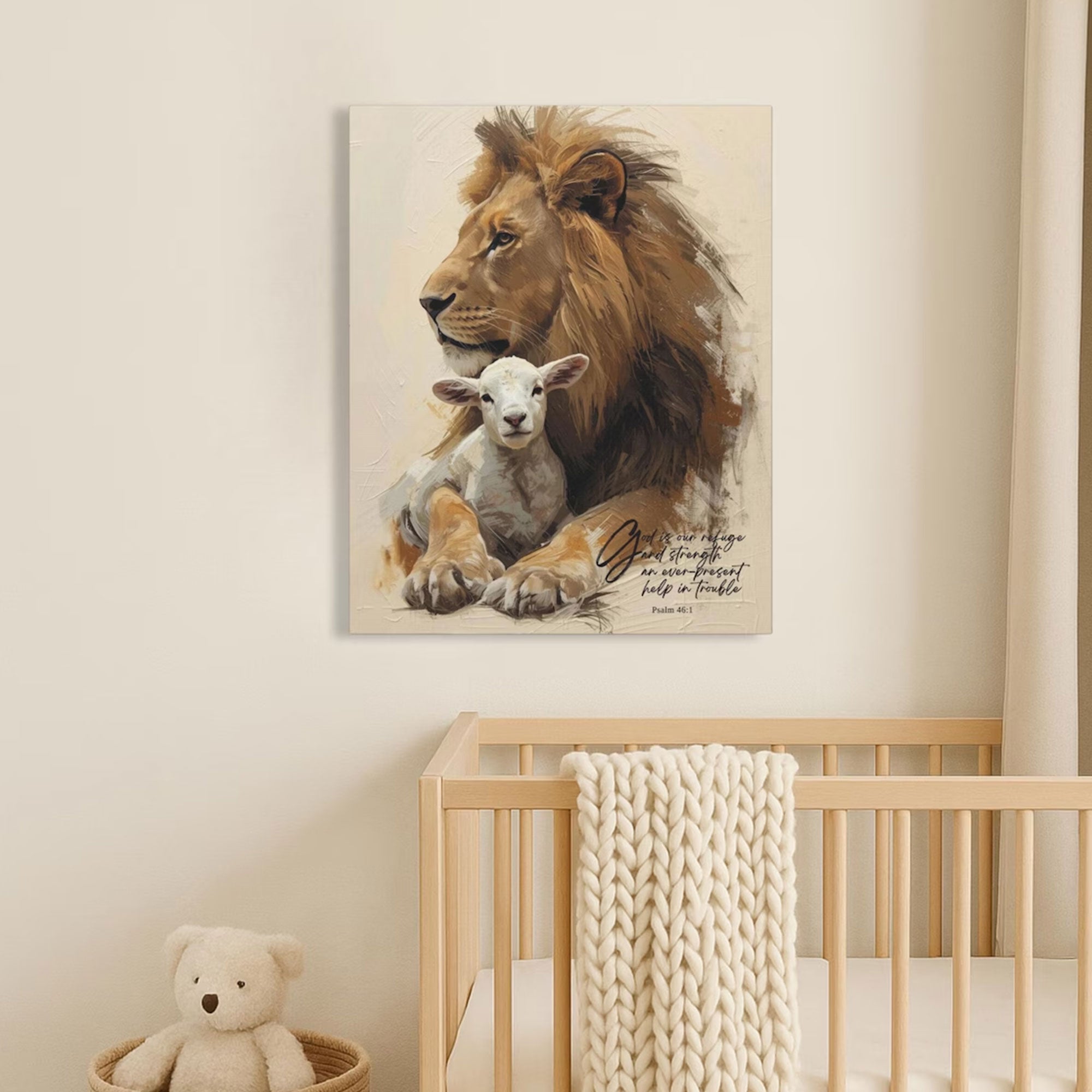 Lion and Lamb Canvas Print with Psalm 46:1, Christian Wall Art, Bible Verse Decor, Faith Inspired Gift