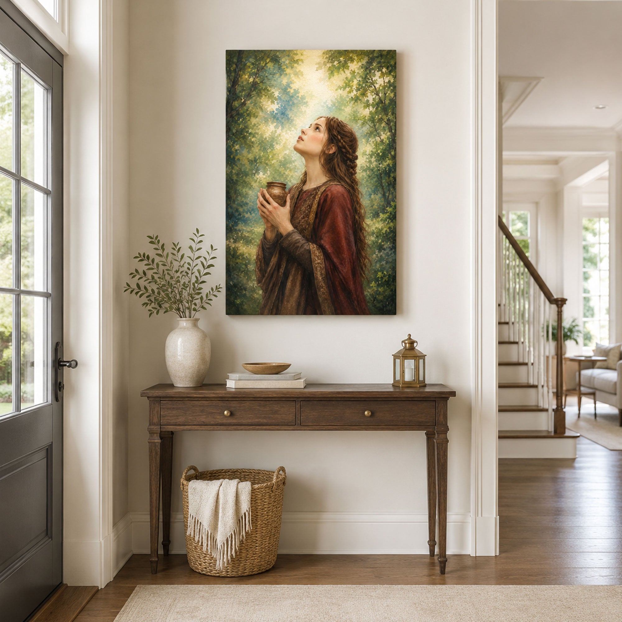 Mary Magdalene in the Forest Canvas Print, Light Through the Trees Catholic Decor