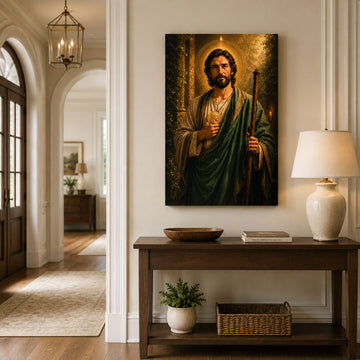 Saint Jude Thaddeus with Medallion Canvas Print, Green Catholic Decor