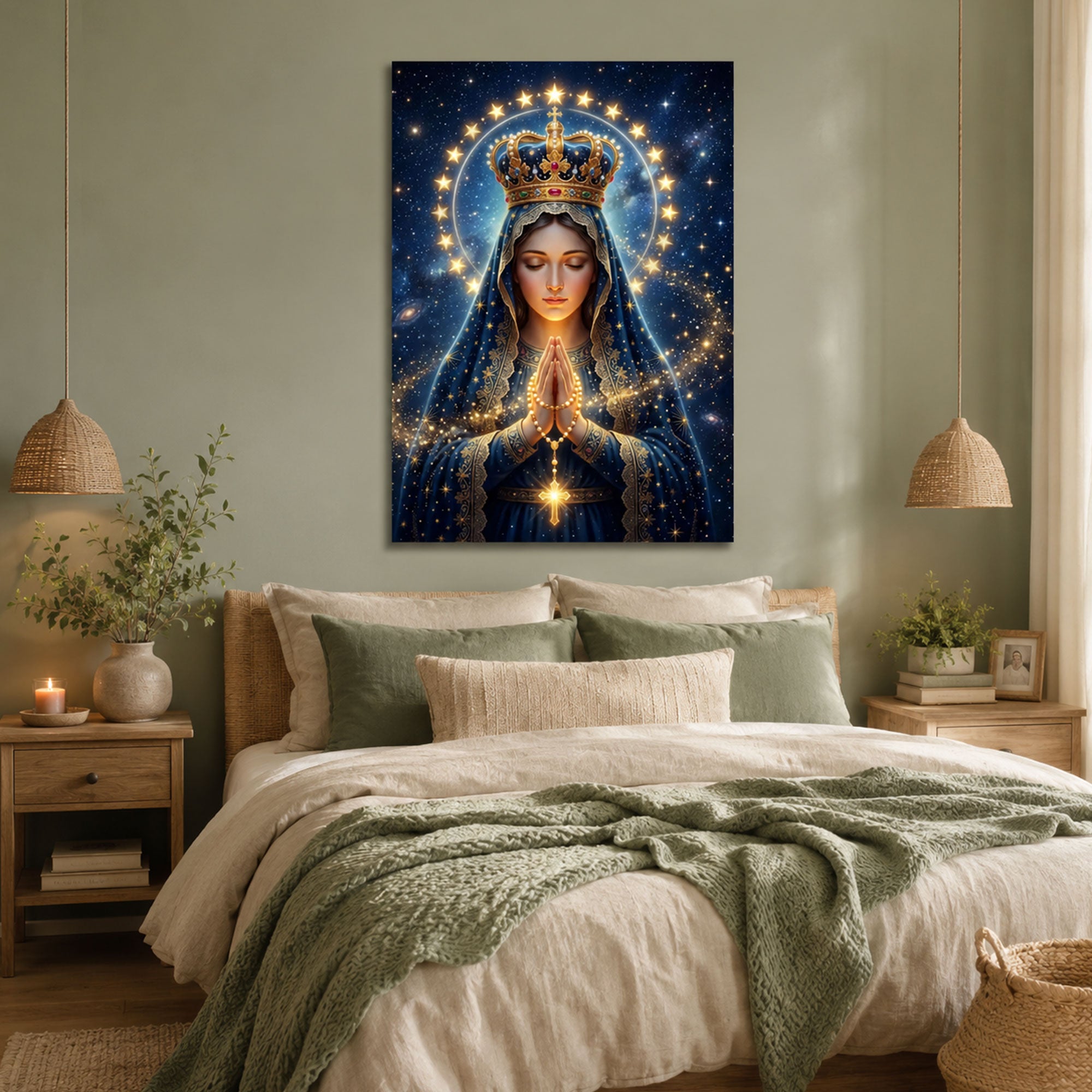 Queen of Heaven Virgin Mary Canvas Print, Celestial Catholic Wall Art, Crowned Madonna Faith Decor, Heavenly Christian Artwork