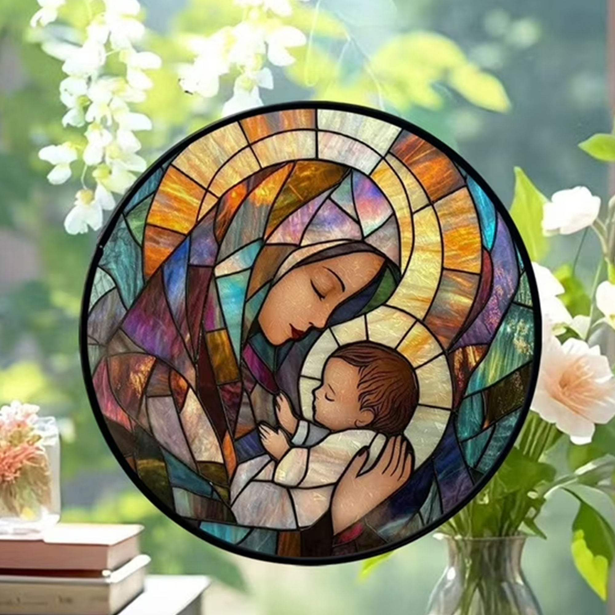 Virgin Mary Holding Baby Jesus Stained Glass Suncatcher, Catholic Window Hanging, Holy Mother Religious Decor
