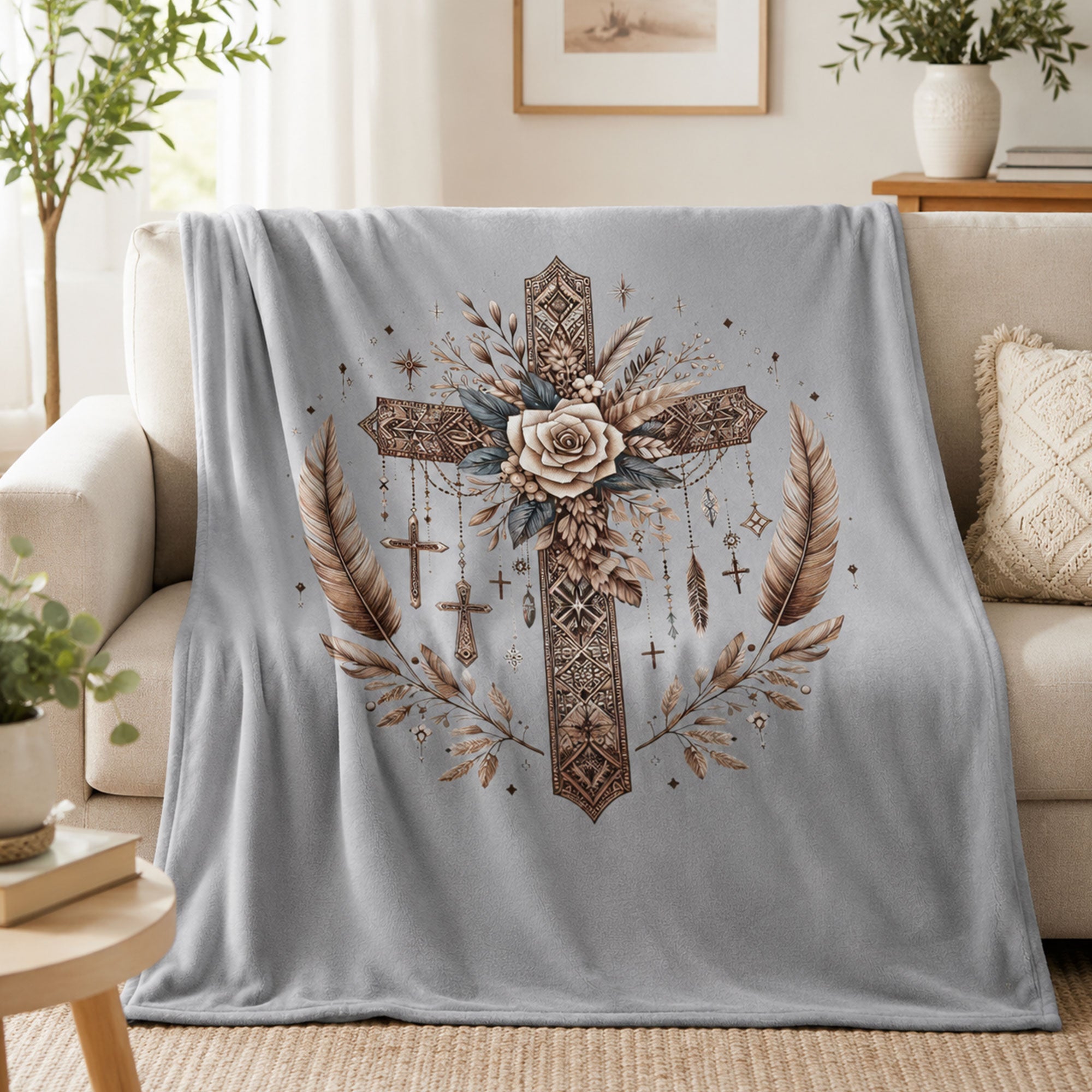 Boho Floral Cross Fleece Blanket, Christian Faith Throw, Religious Gift for Women